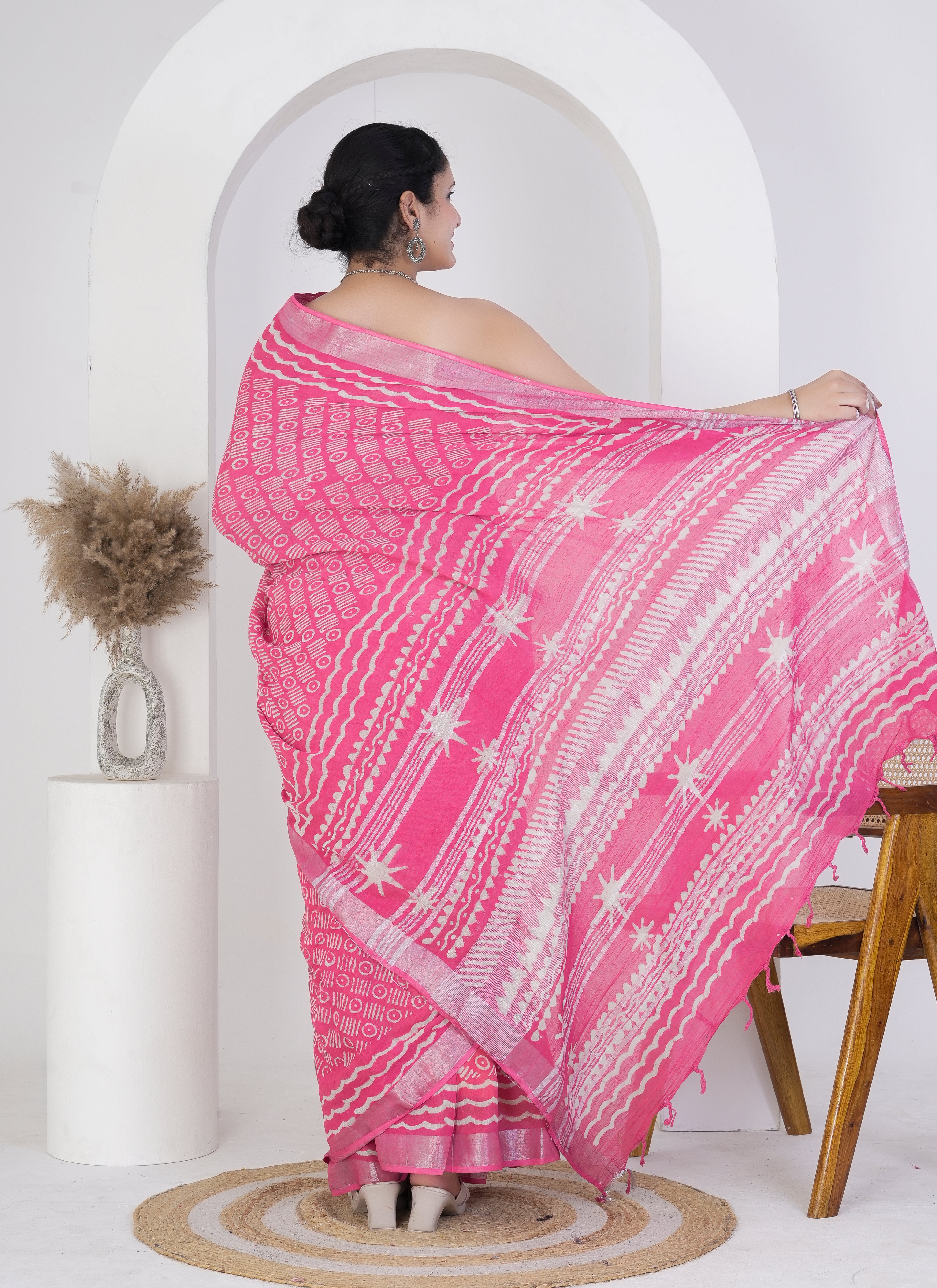 Hot Pink Pure Linen Saree