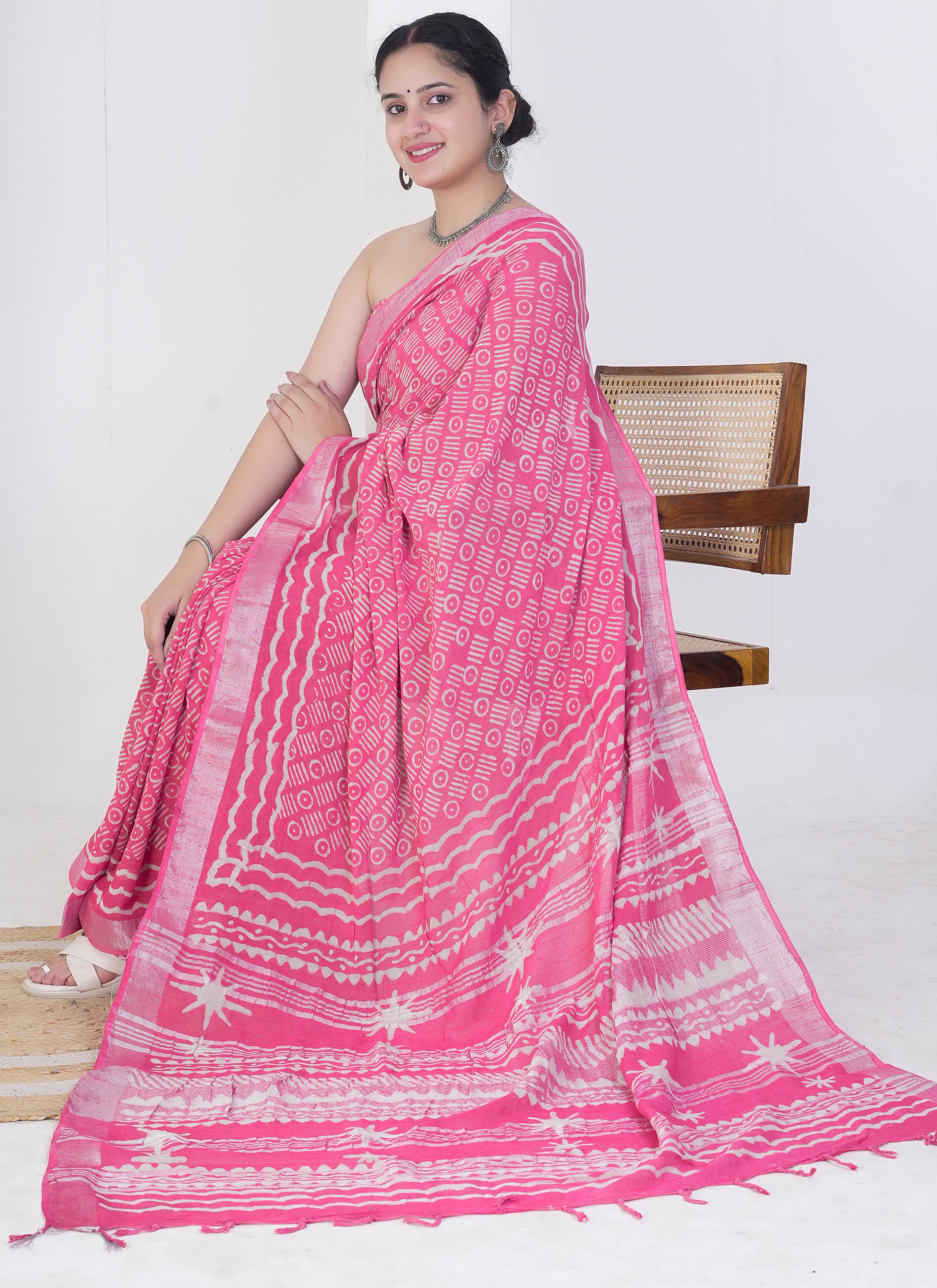 Hot Pink Pure Linen Saree