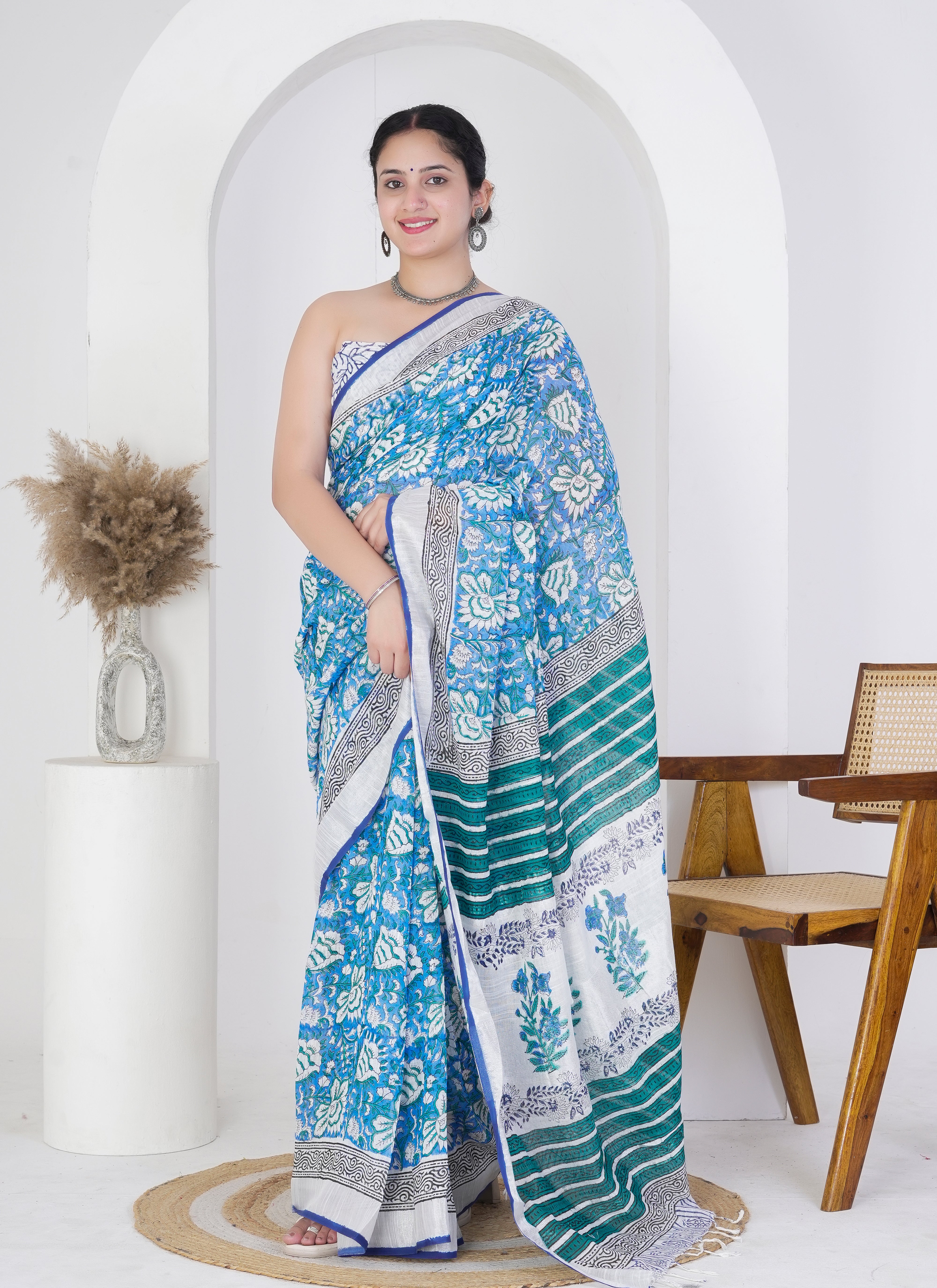 Aqua Blue and White Pure Linen Saree