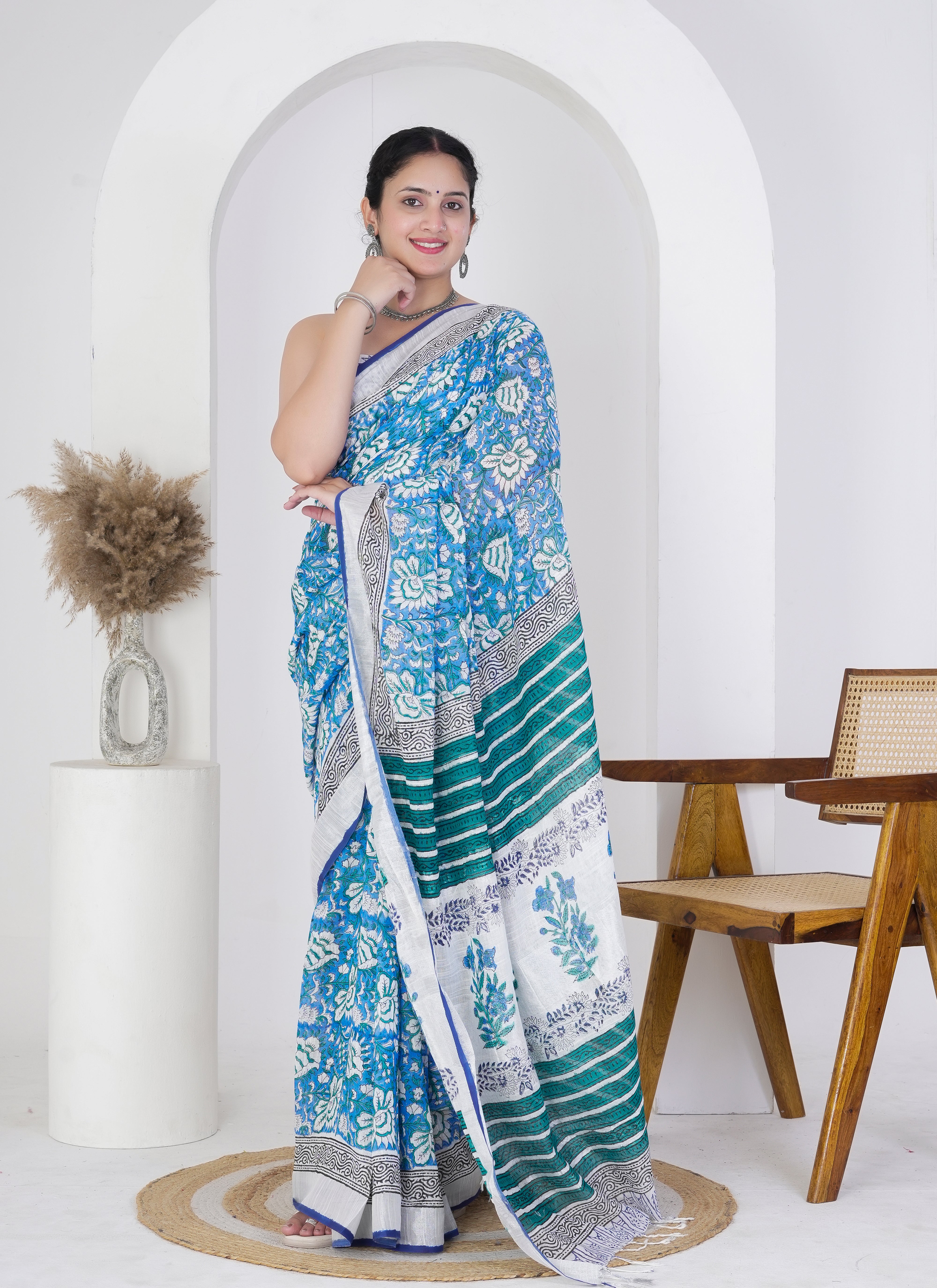 Aqua Blue and White Pure Linen Saree