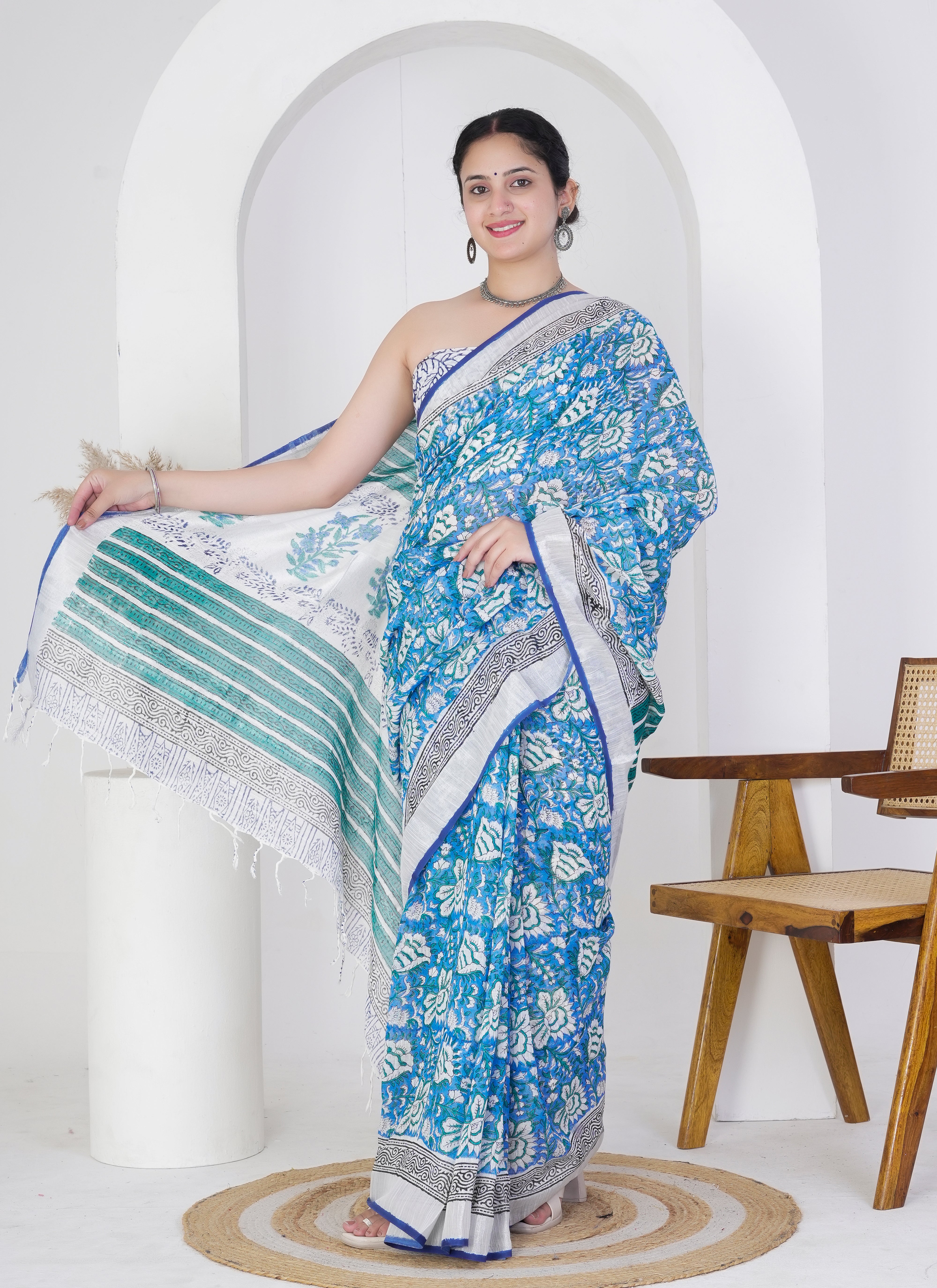 Aqua Blue and White Pure Linen Saree