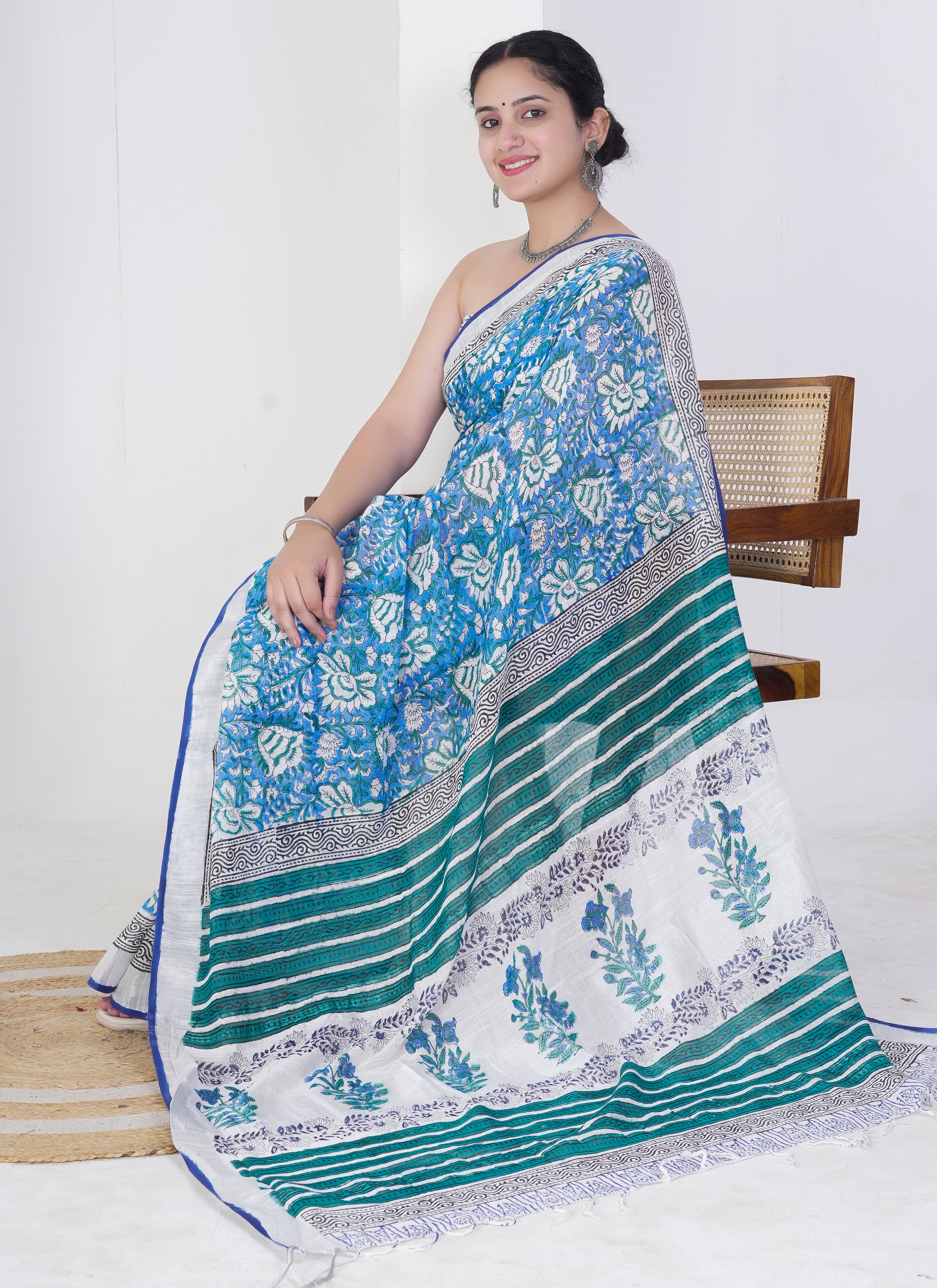 Aqua Blue and White Pure Linen Saree
