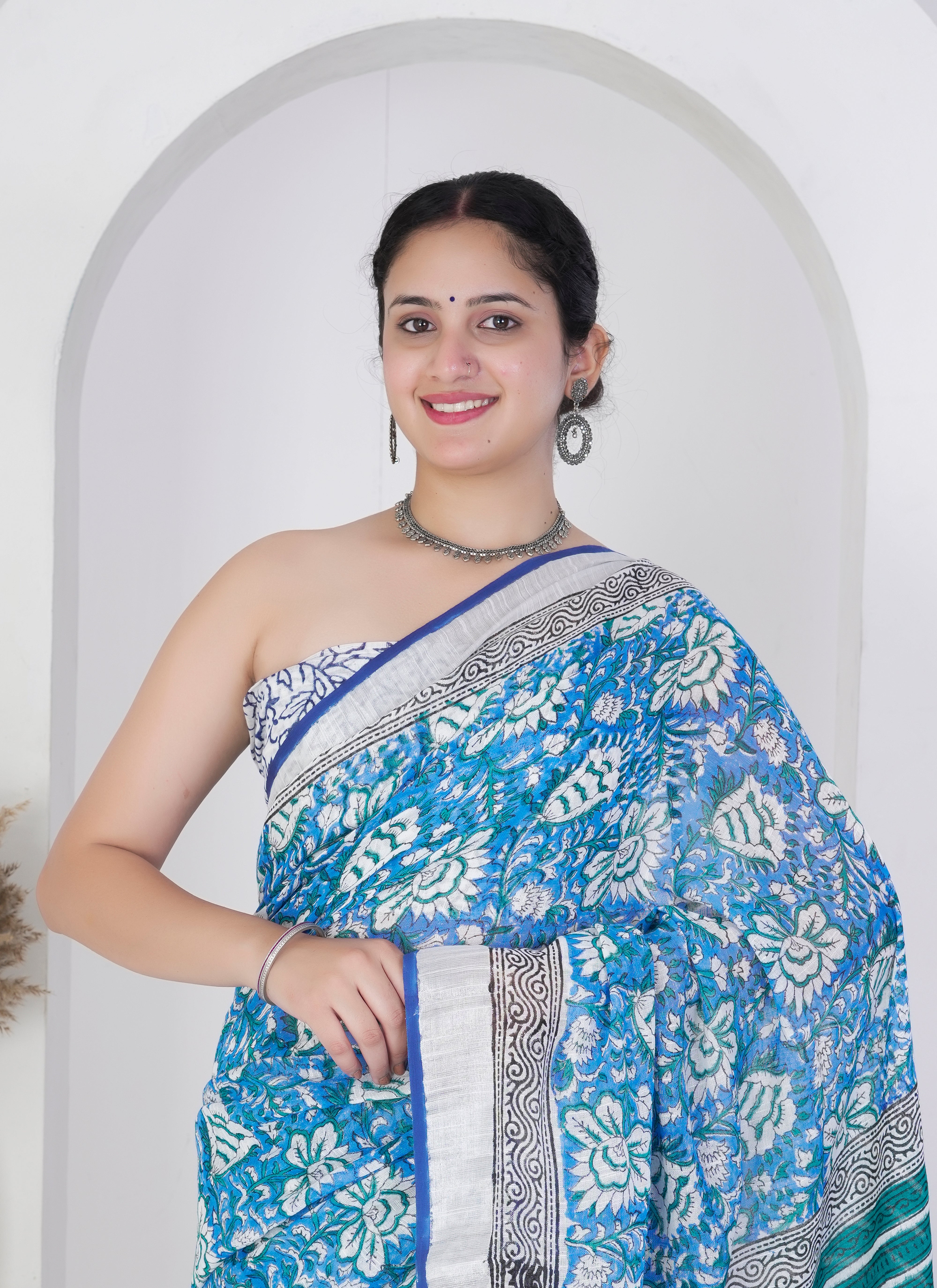 Aqua Blue and White Pure Linen Saree