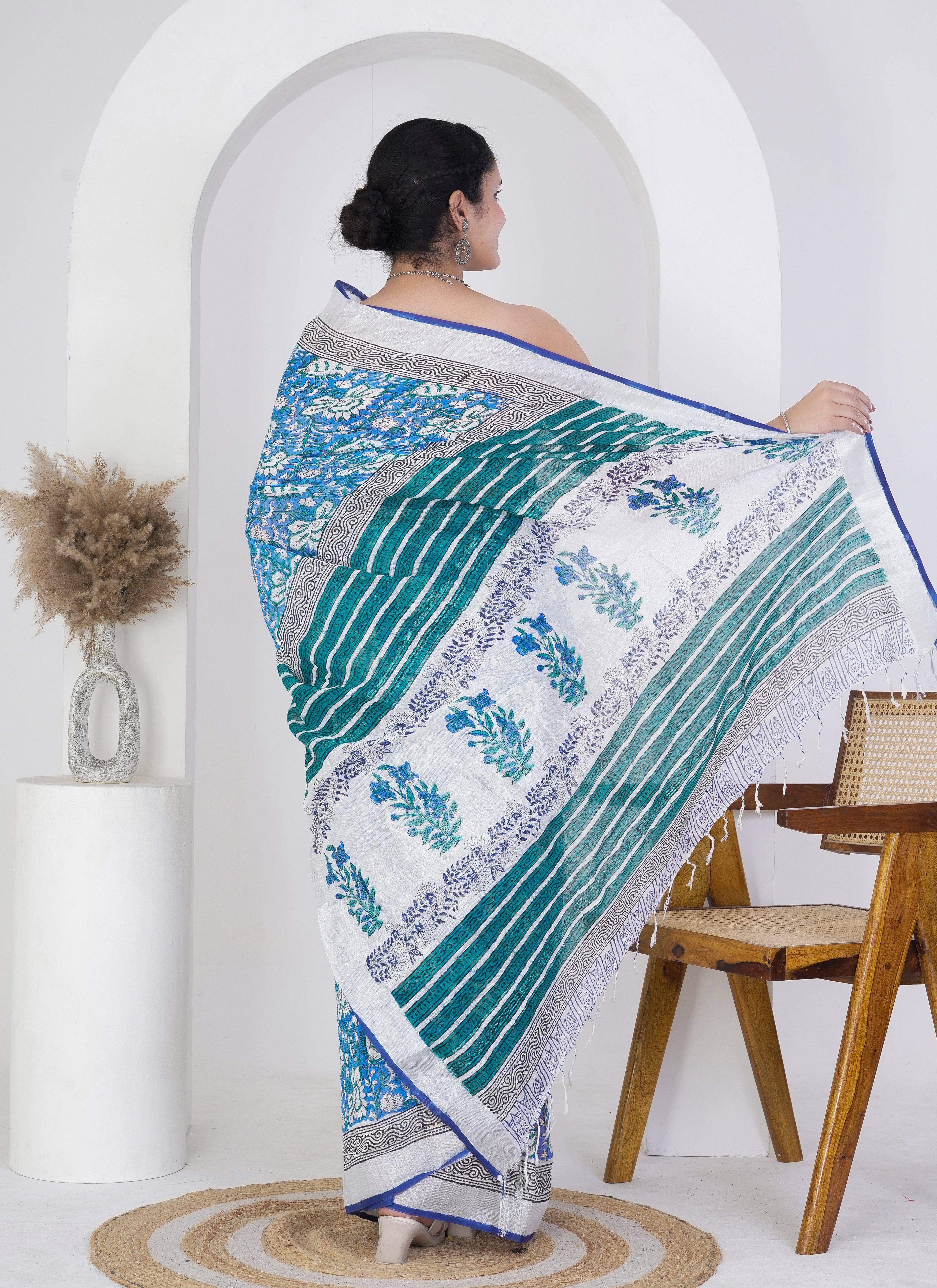 Aqua Blue and White Pure Linen Saree