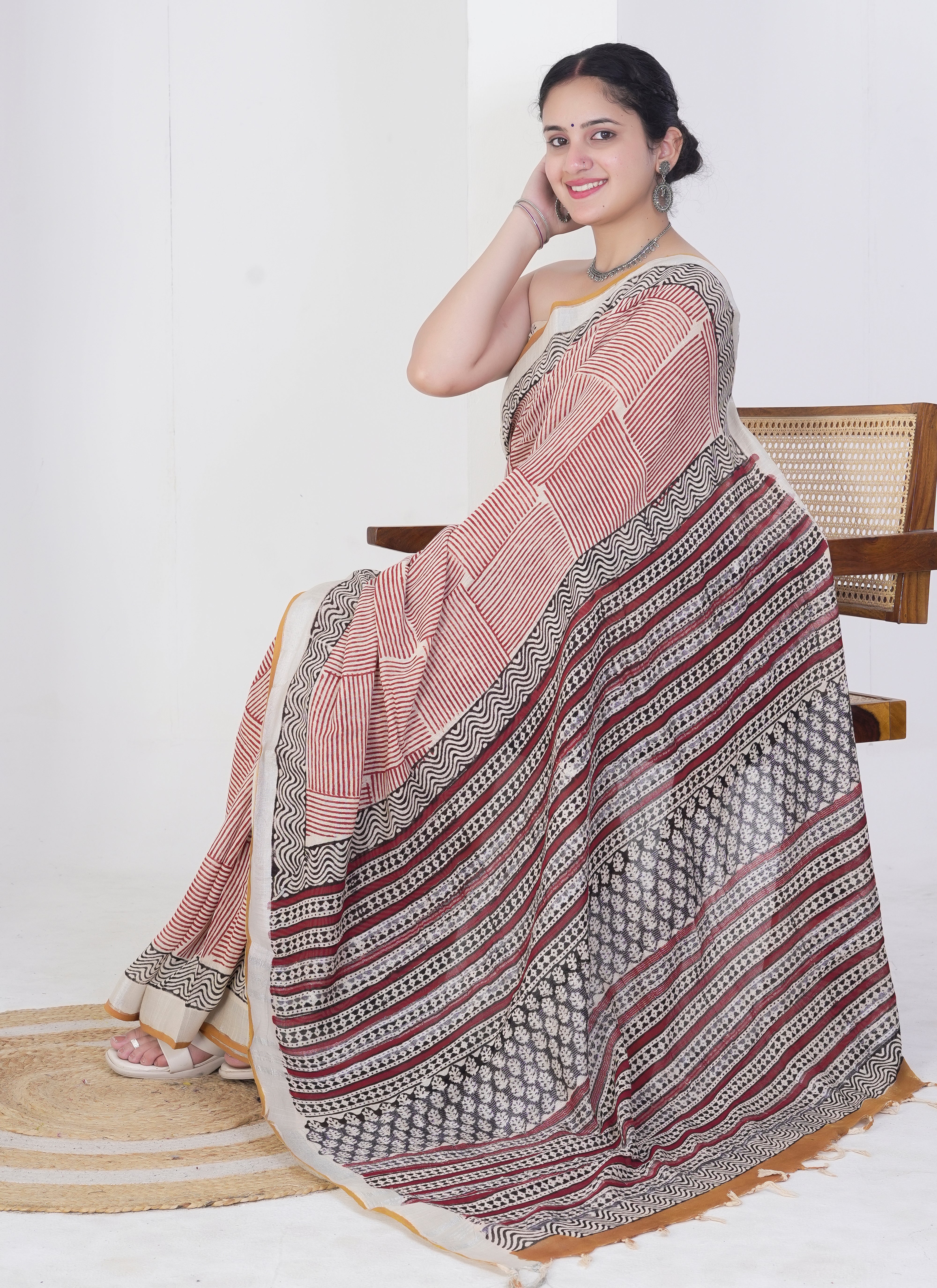 Rust Red and Ivory Pure Linen Saree