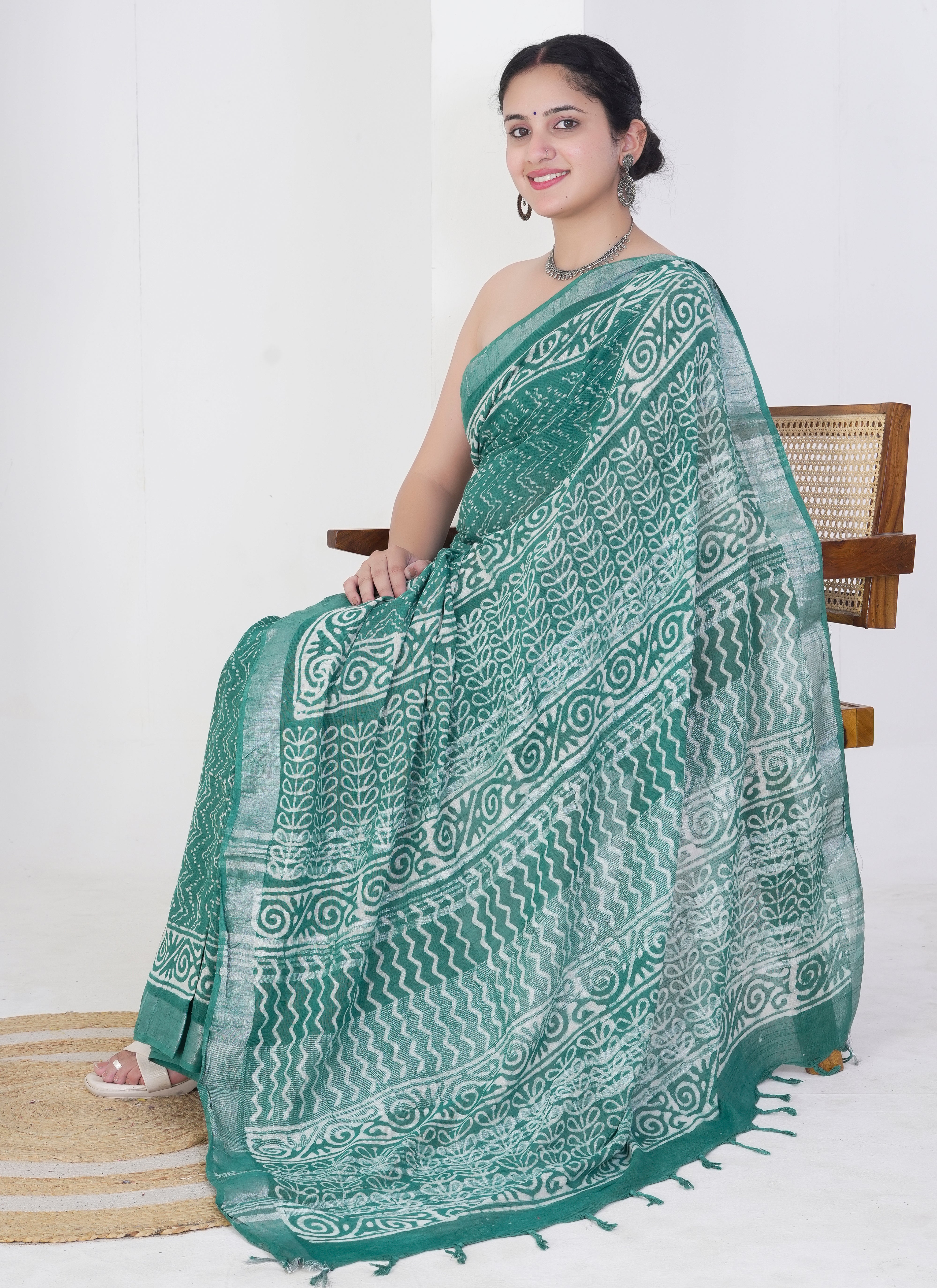 Emerald Green Pure Linen Saree