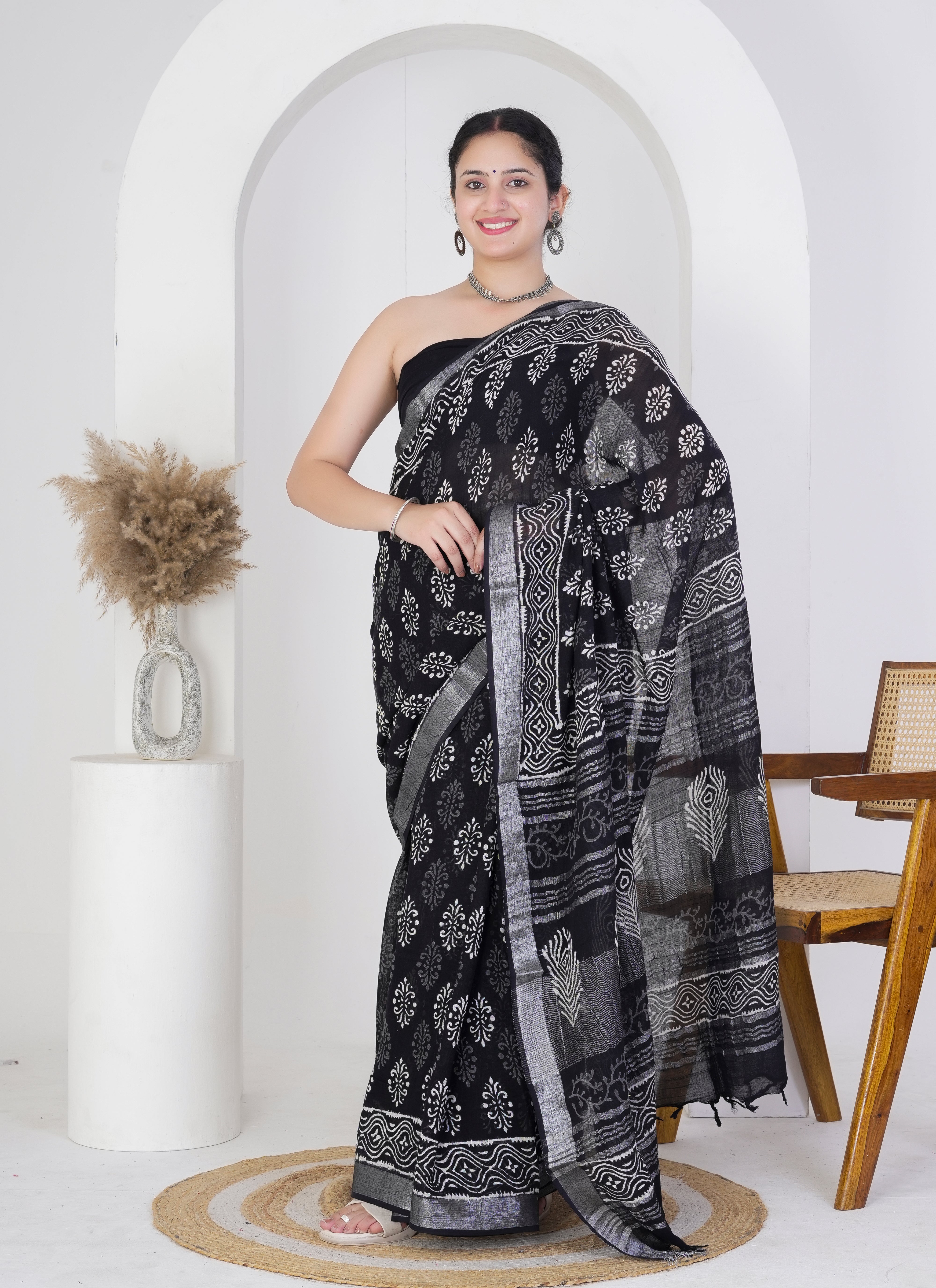 Black and Silver Pure Linen Saree
