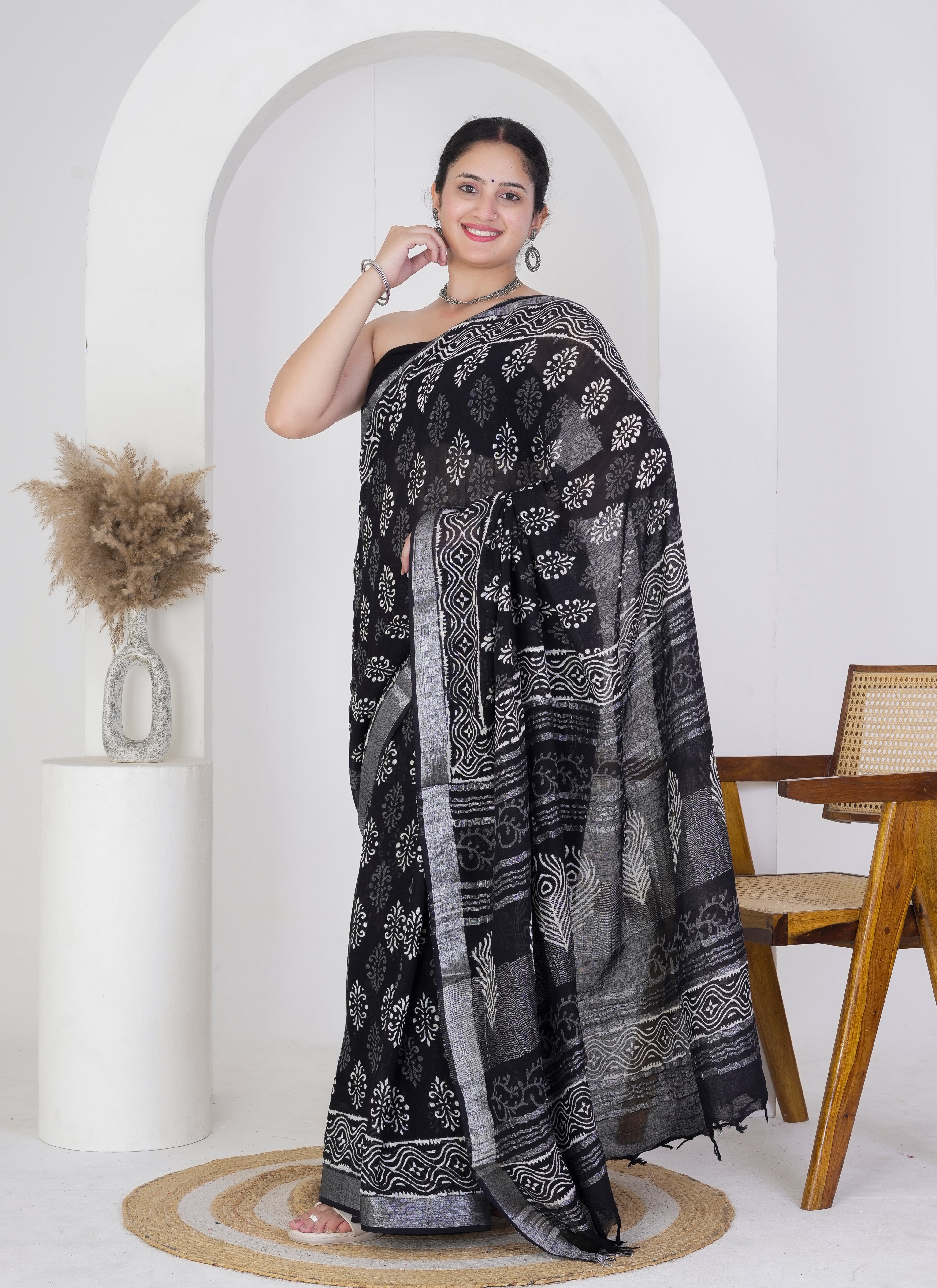 Black and Silver Pure Linen Saree