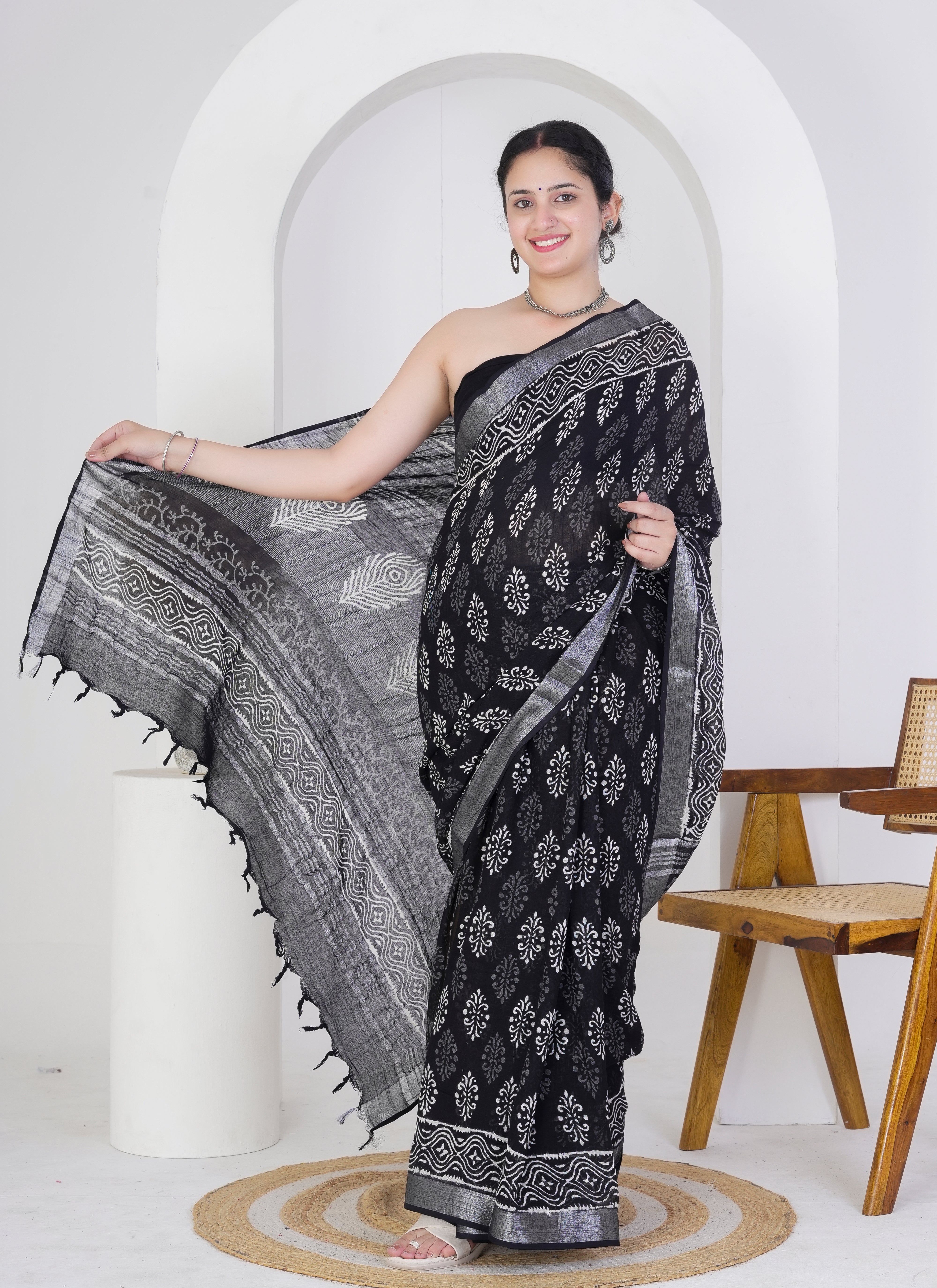 Black and Silver Pure Linen Saree