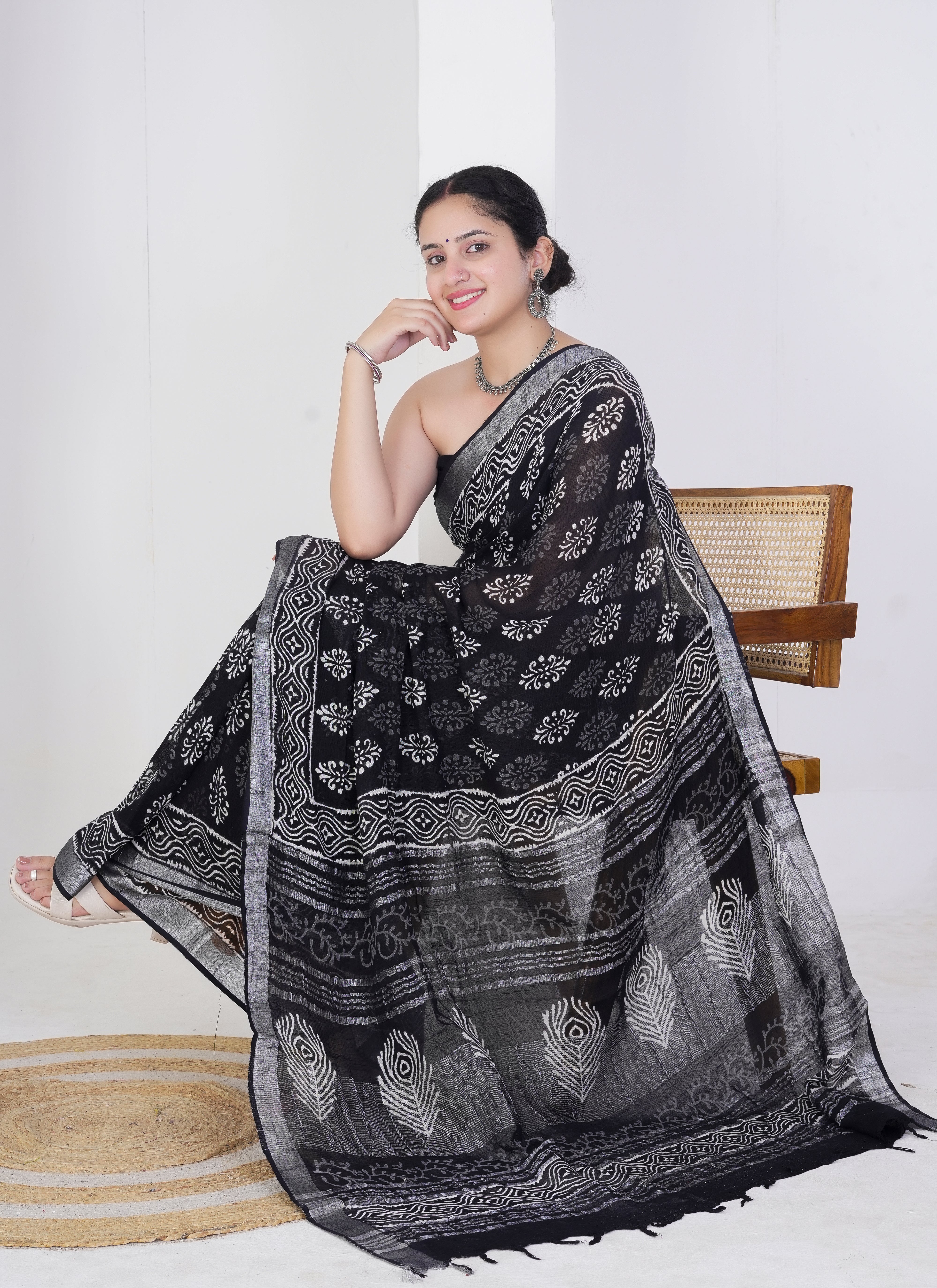 Black and Silver Pure Linen Saree
