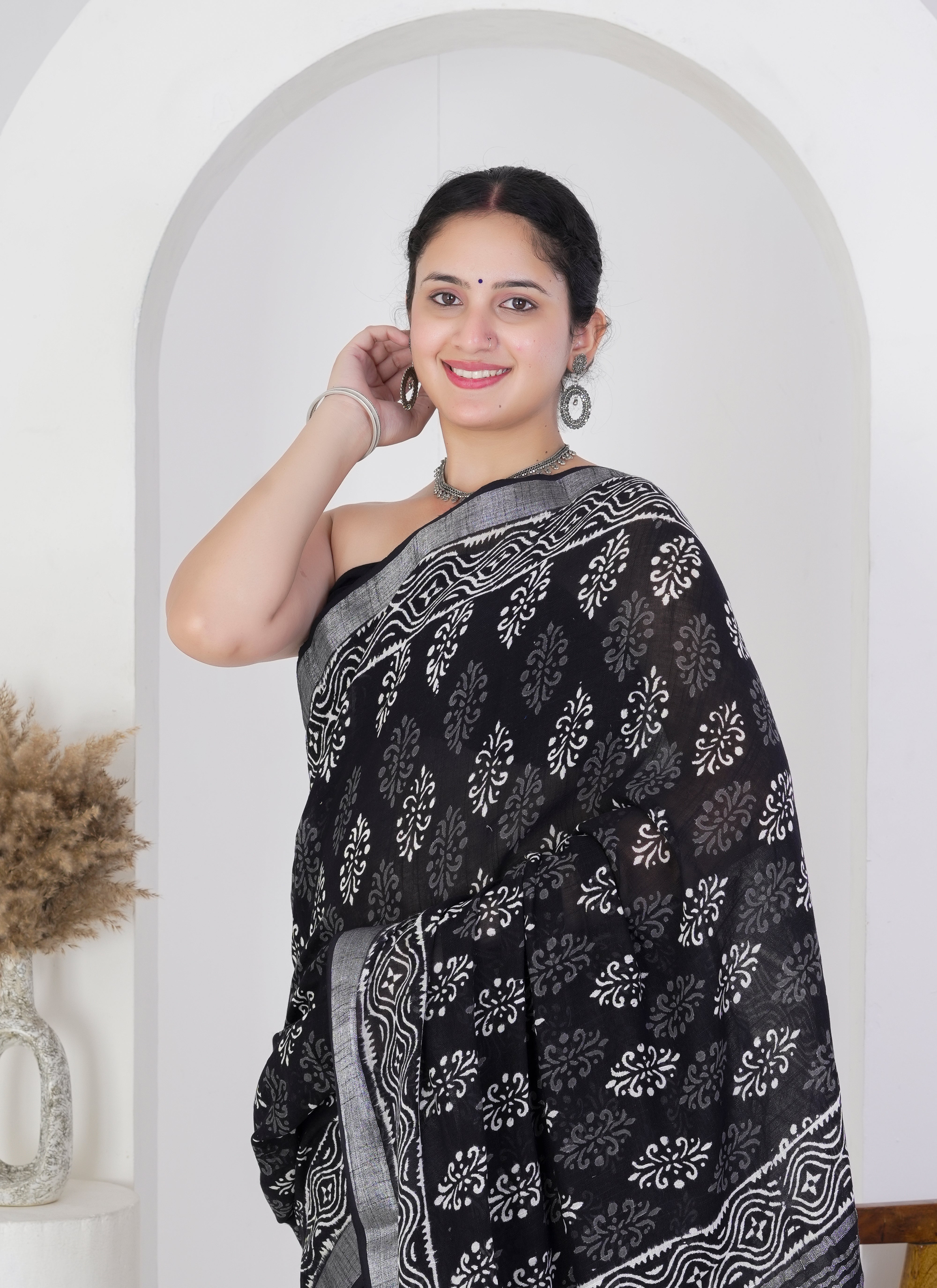 Black and Silver Pure Linen Saree