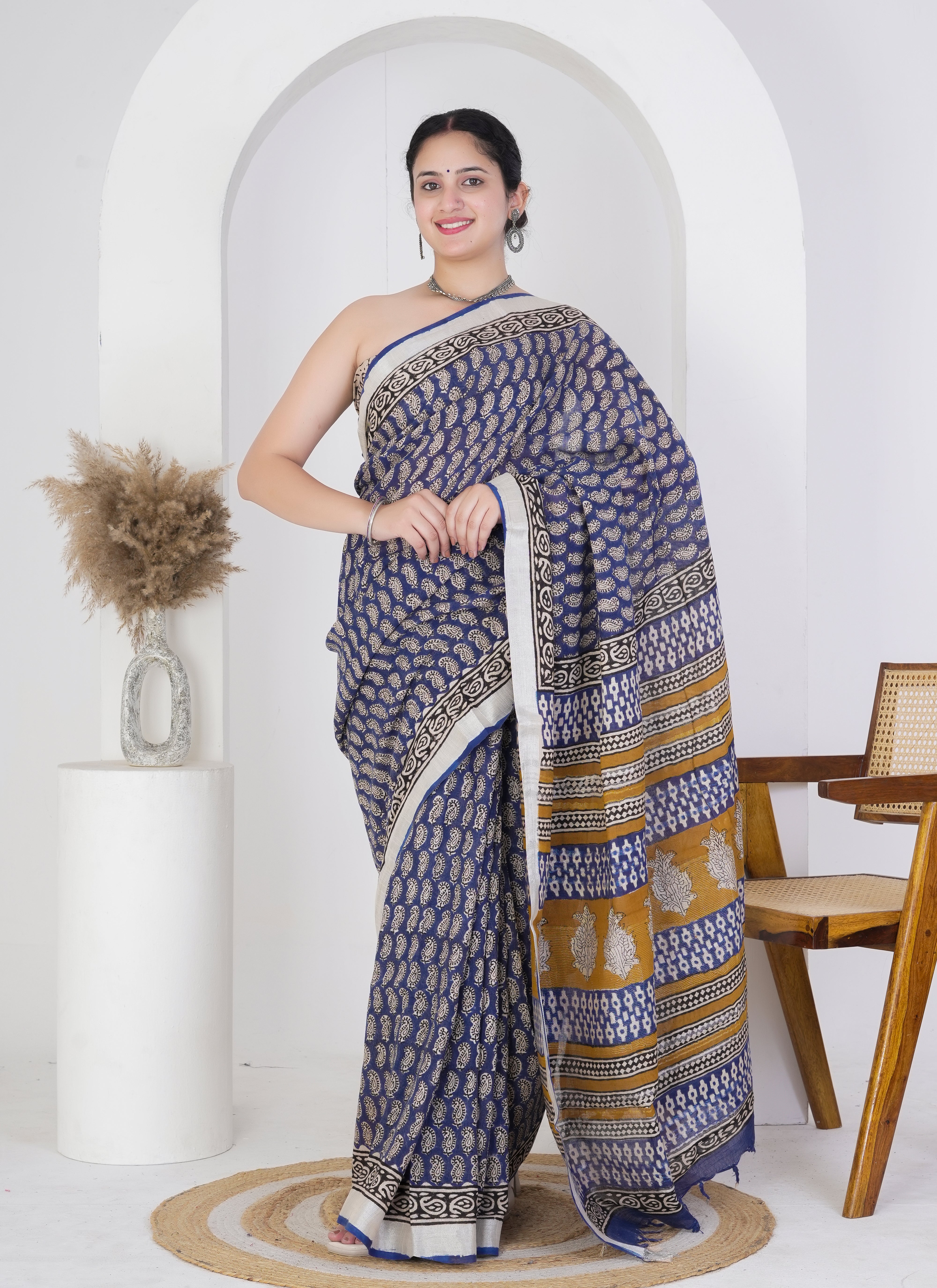 Navy Blue and Mustard Paisley Hand Block Printed Pure Linen Saree