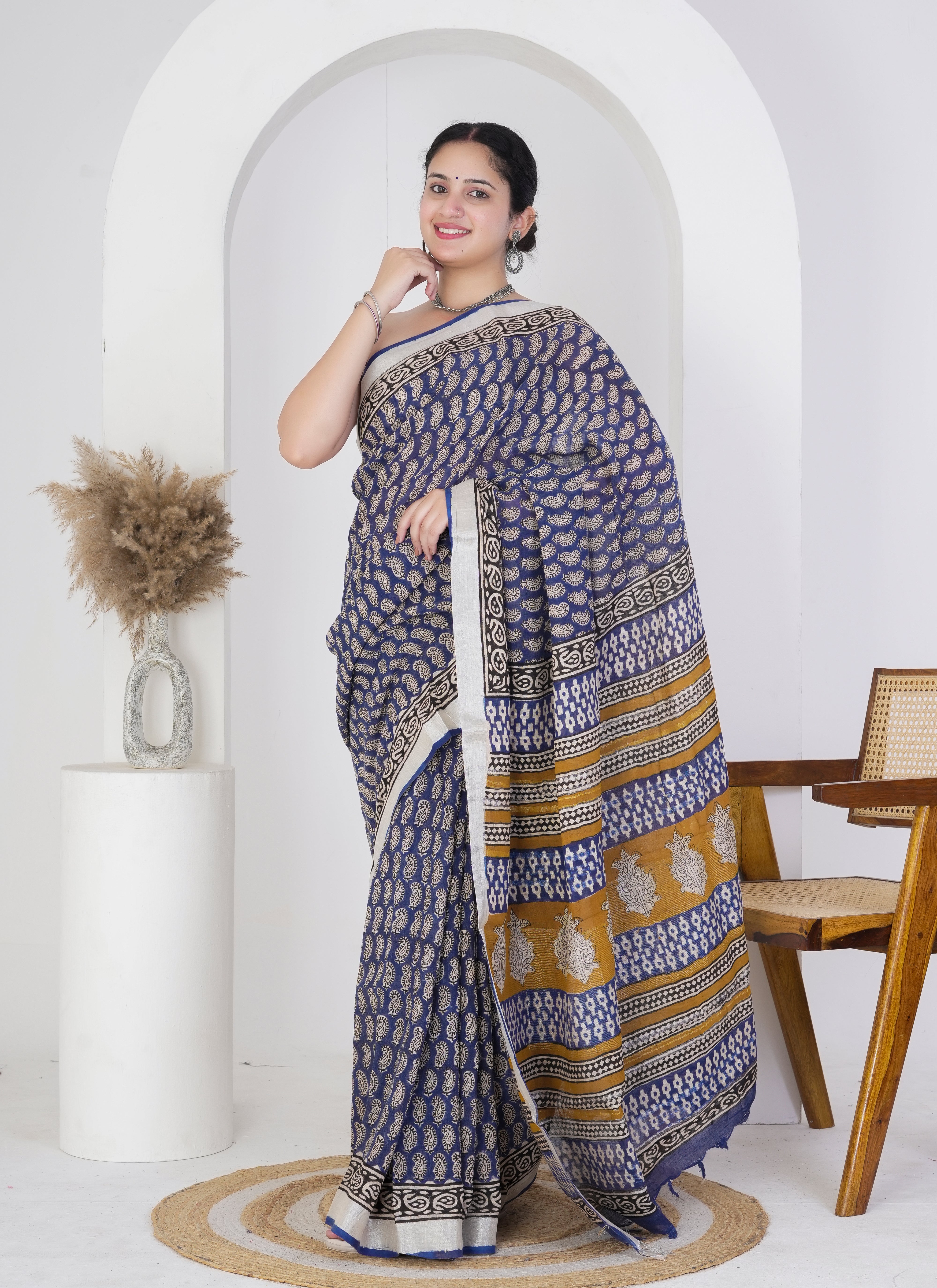 Navy Blue and Mustard Paisley Hand Block Printed Pure Linen Saree