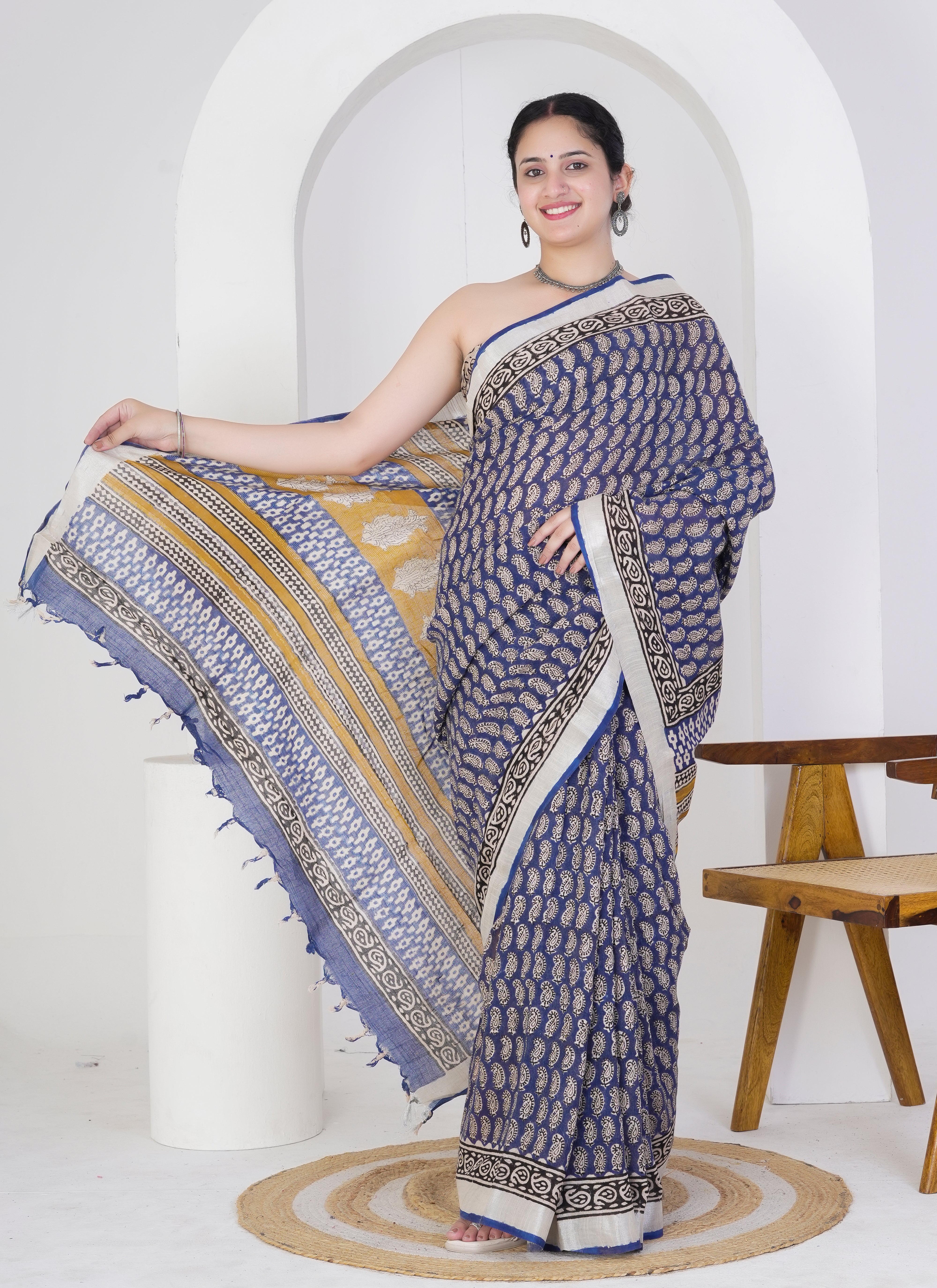 Navy Blue and Mustard Paisley Hand Block Printed Pure Linen Saree