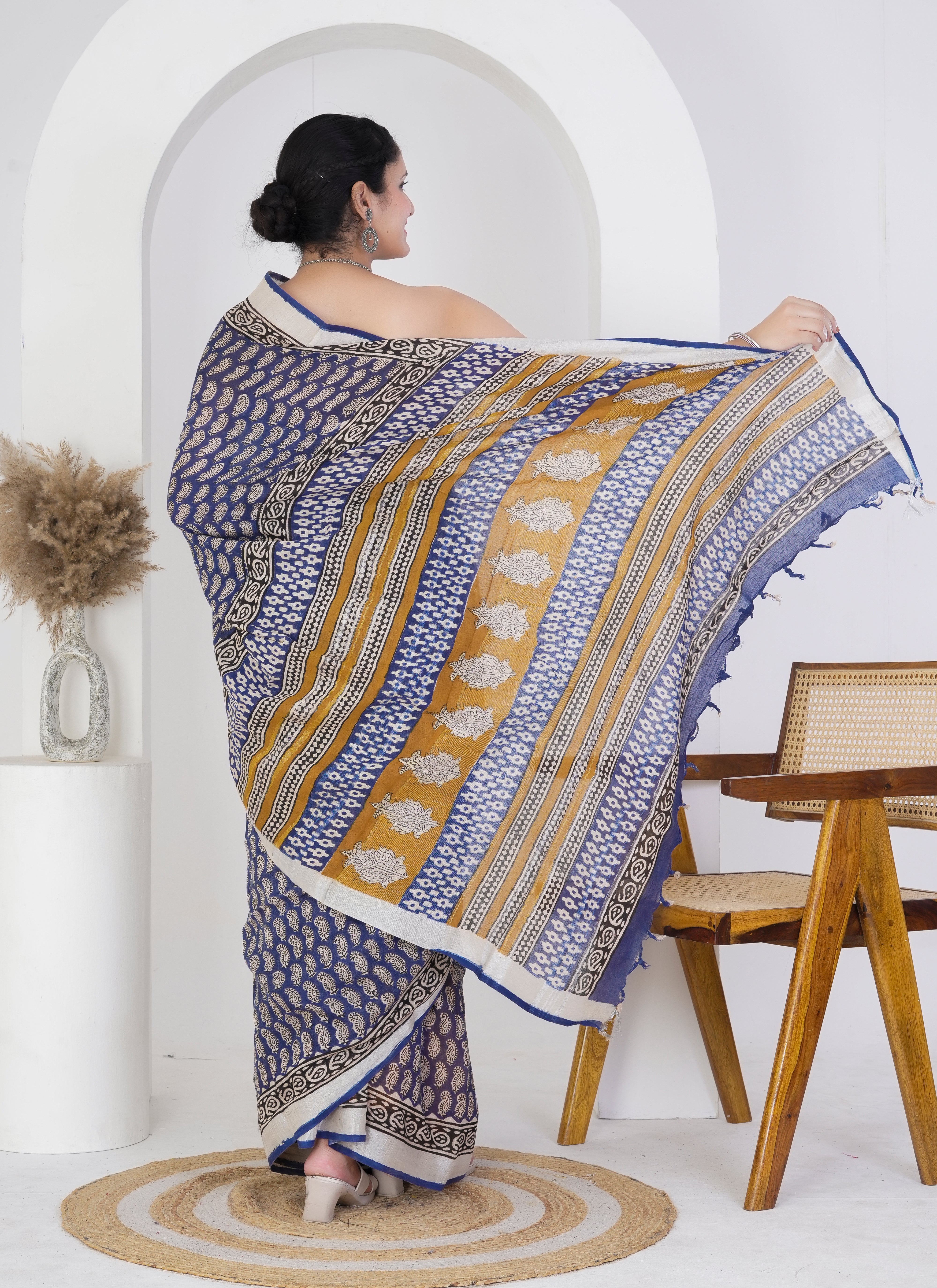 Navy Blue and Mustard Paisley Hand Block Printed Pure Linen Saree