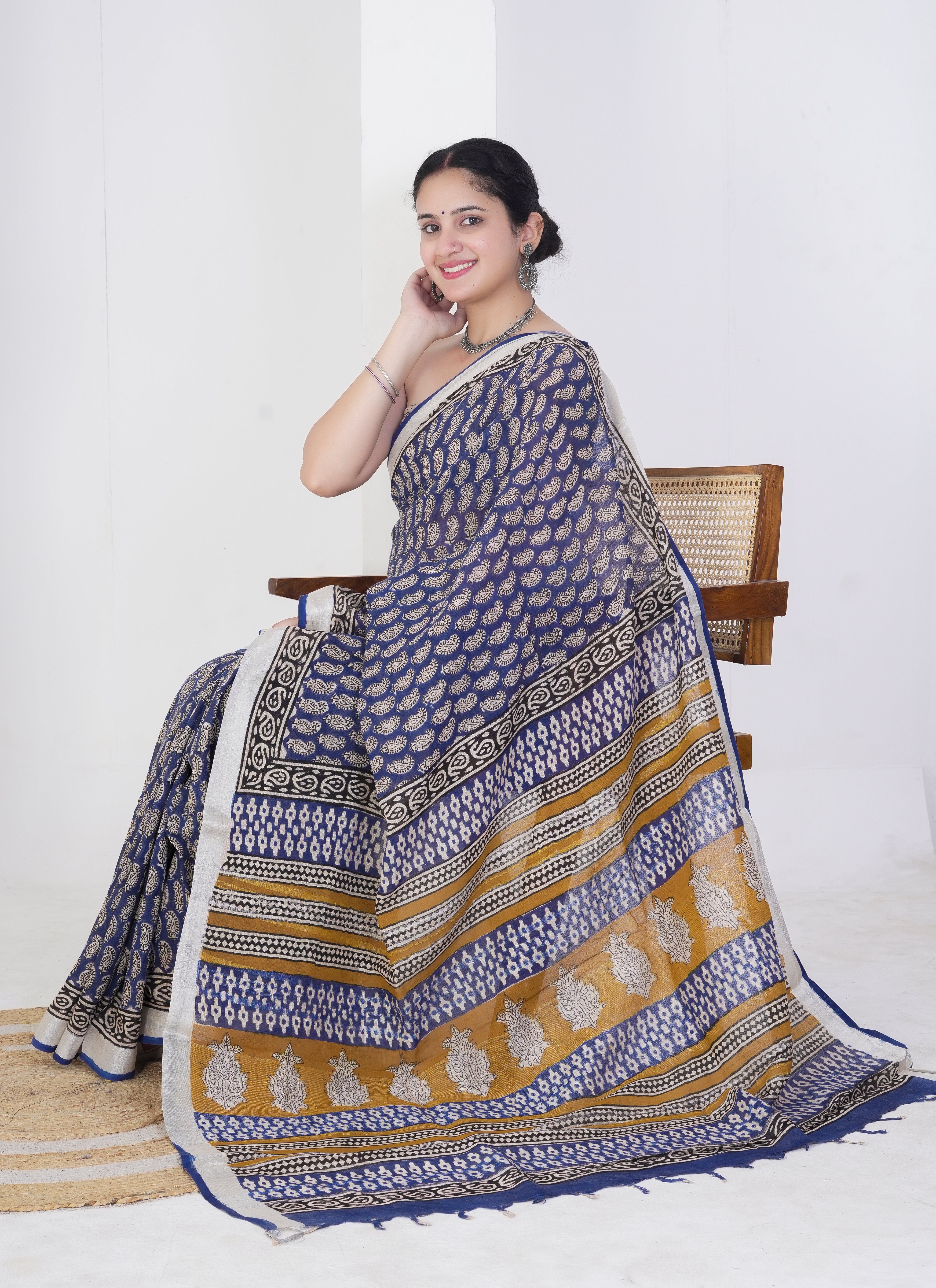 Navy Blue and Mustard Paisley Hand Block Printed Pure Linen Saree
