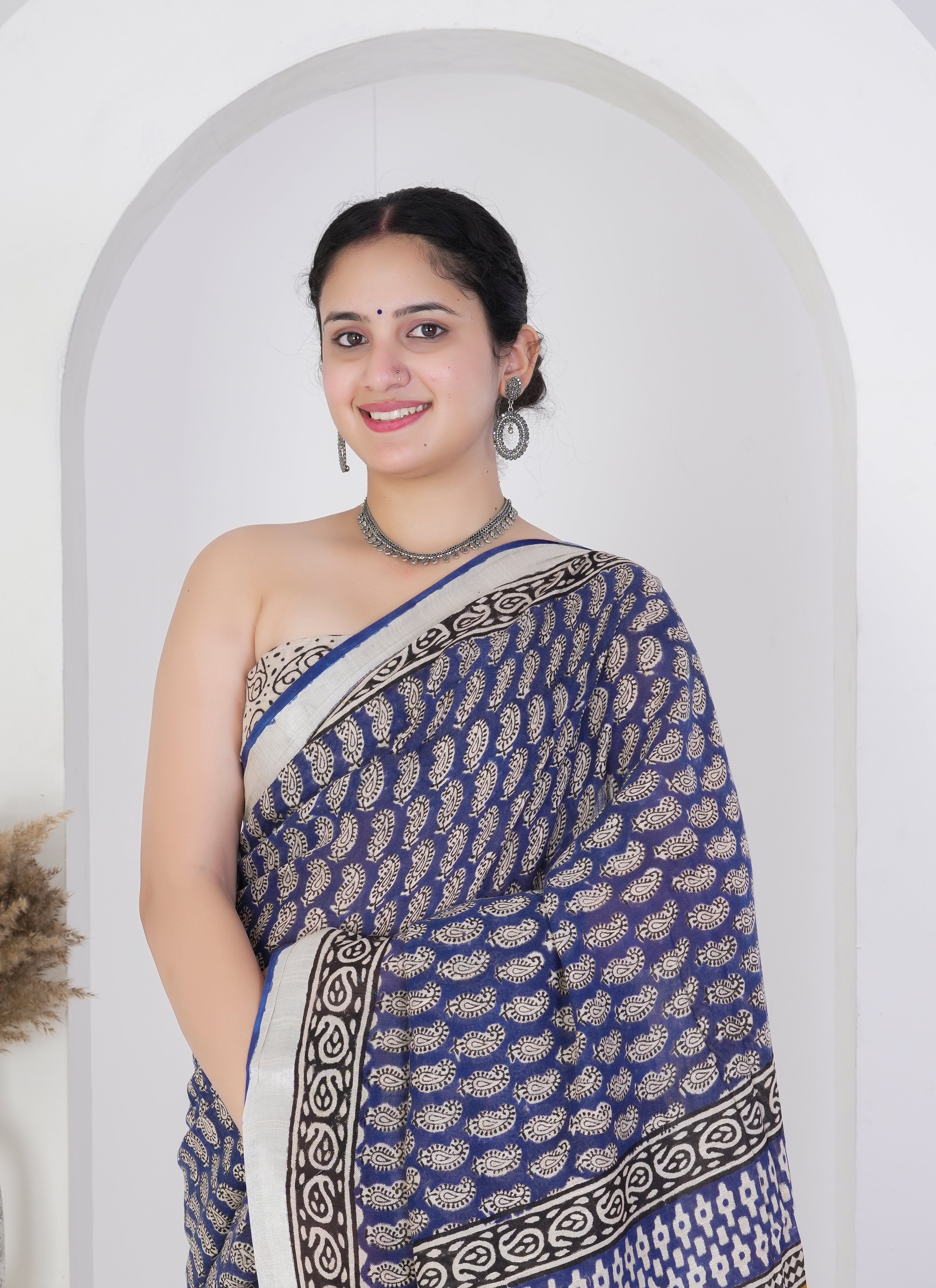 Navy Blue and Mustard Paisley Hand Block Printed Pure Linen Saree