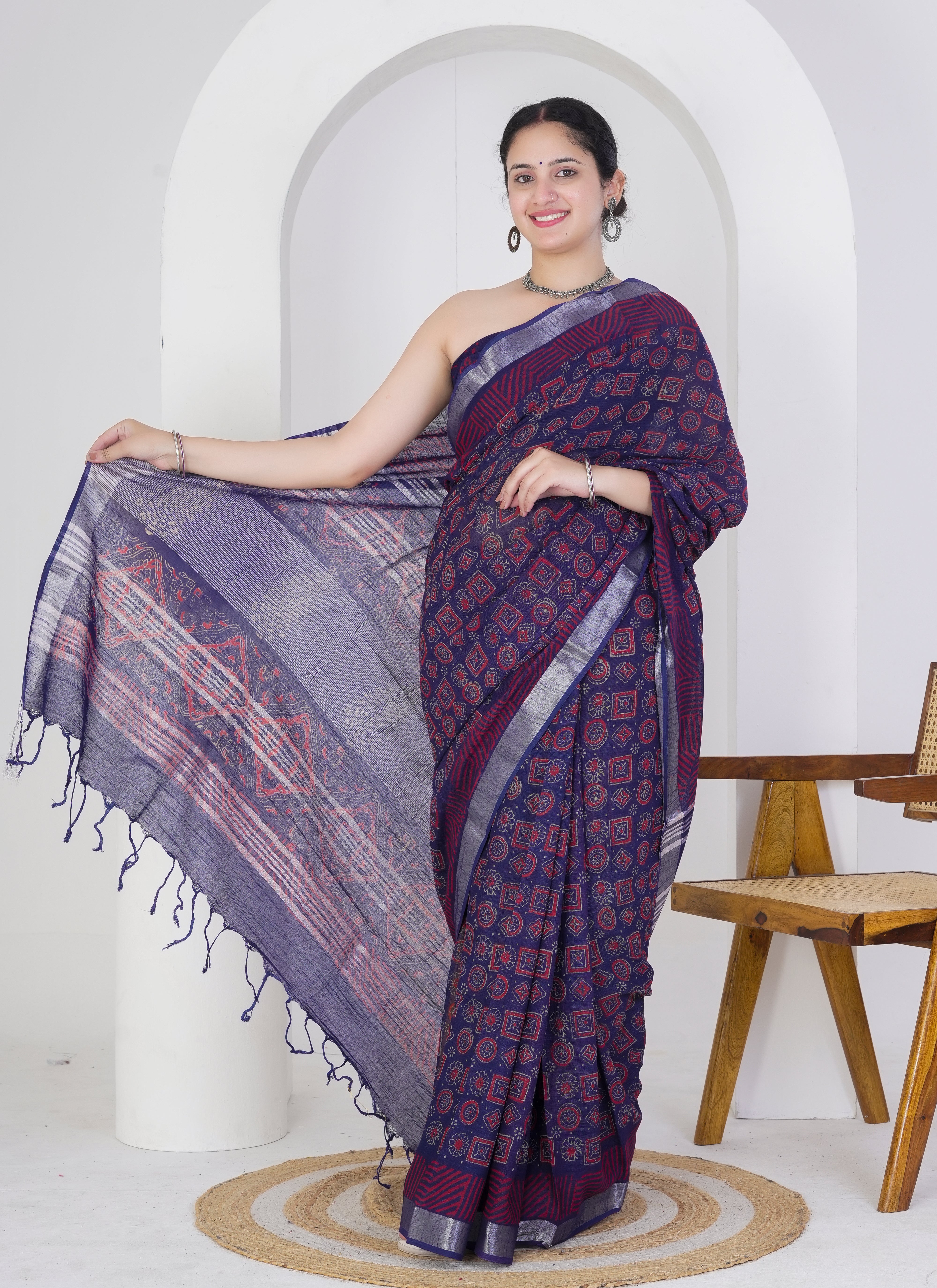 Deep Indigo and Red Pure Linen Saree