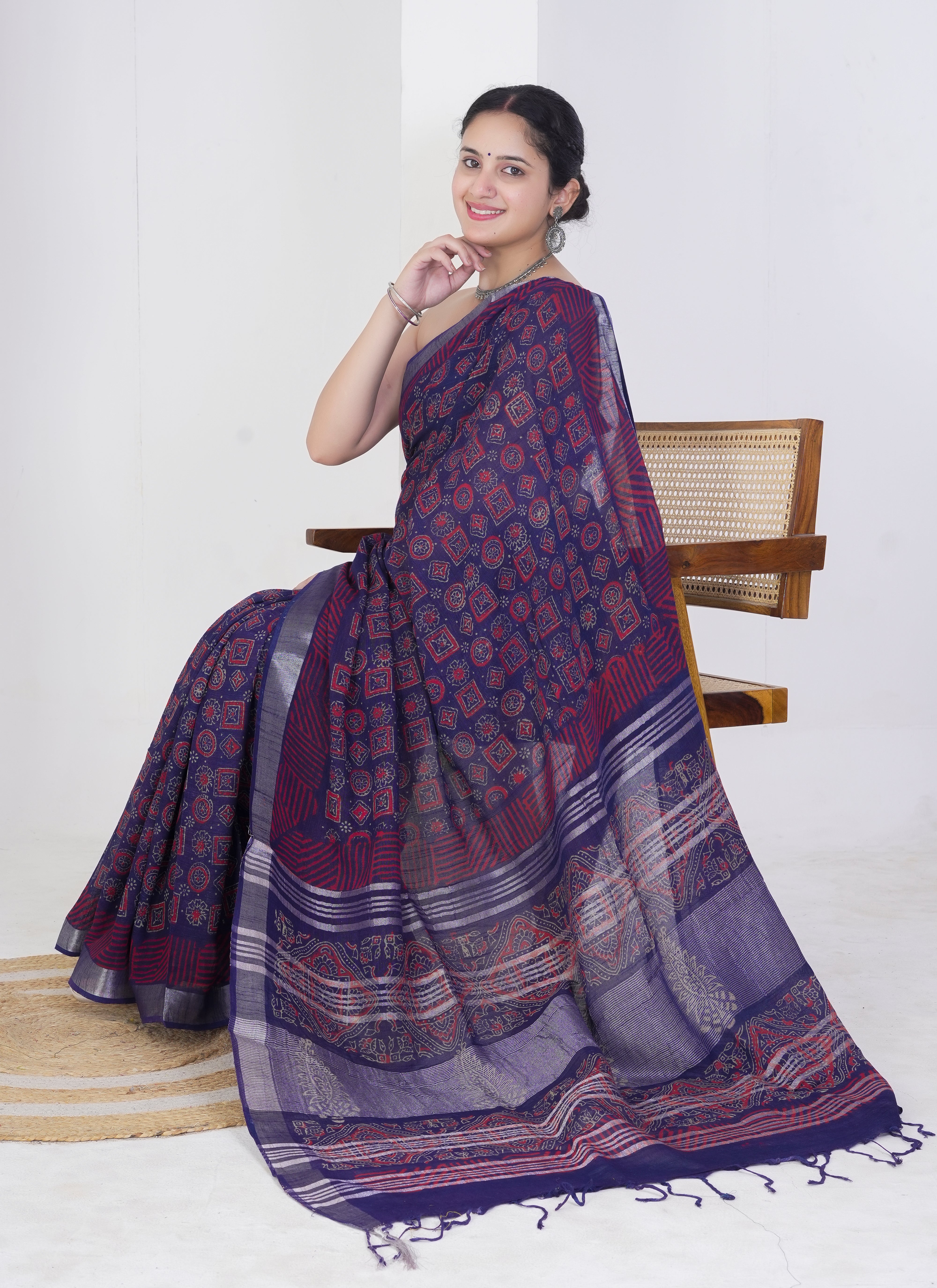 Deep Indigo and Red Pure Linen Saree