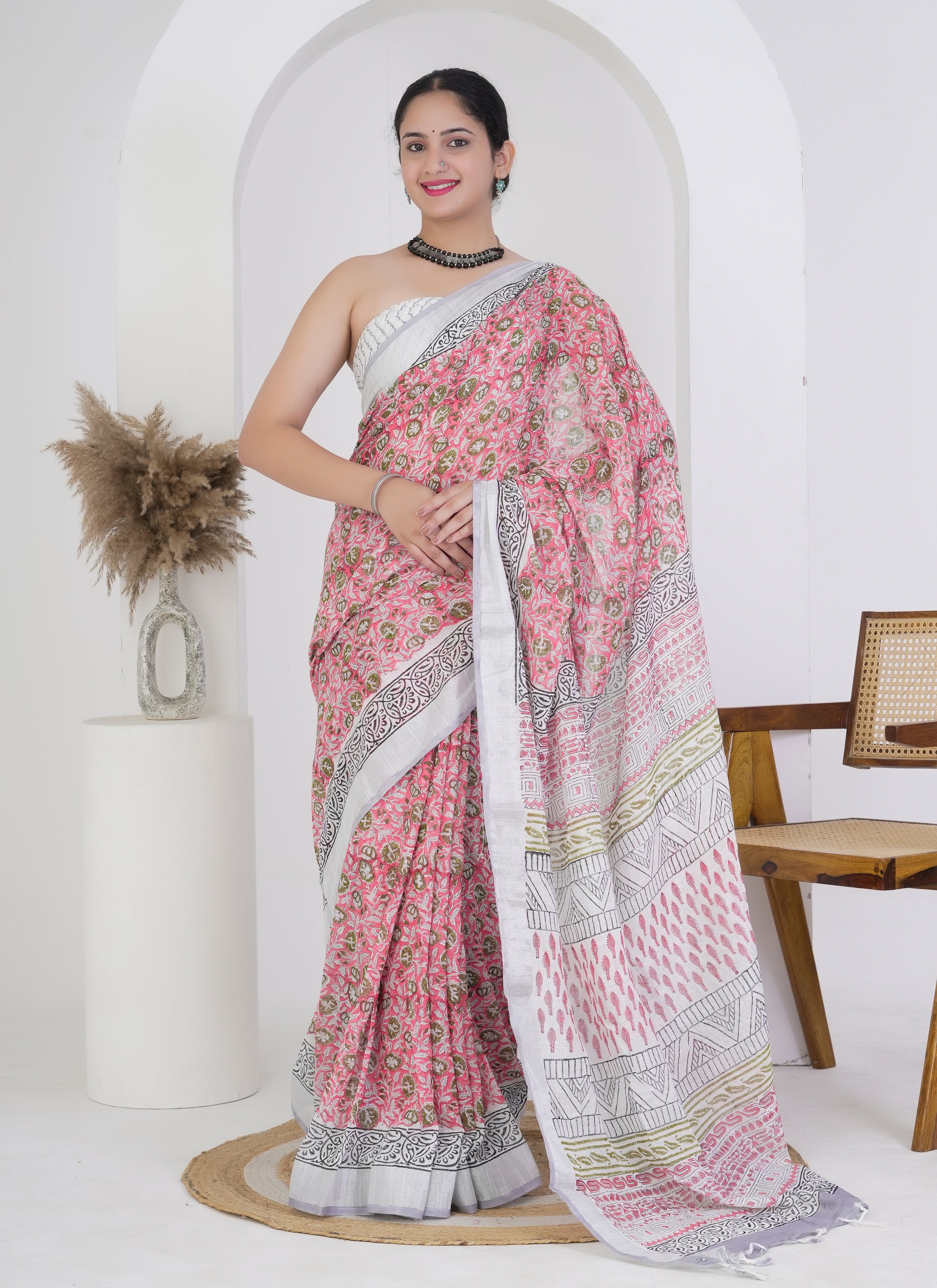 Rose Pink and White Floral Pure Linen Saree