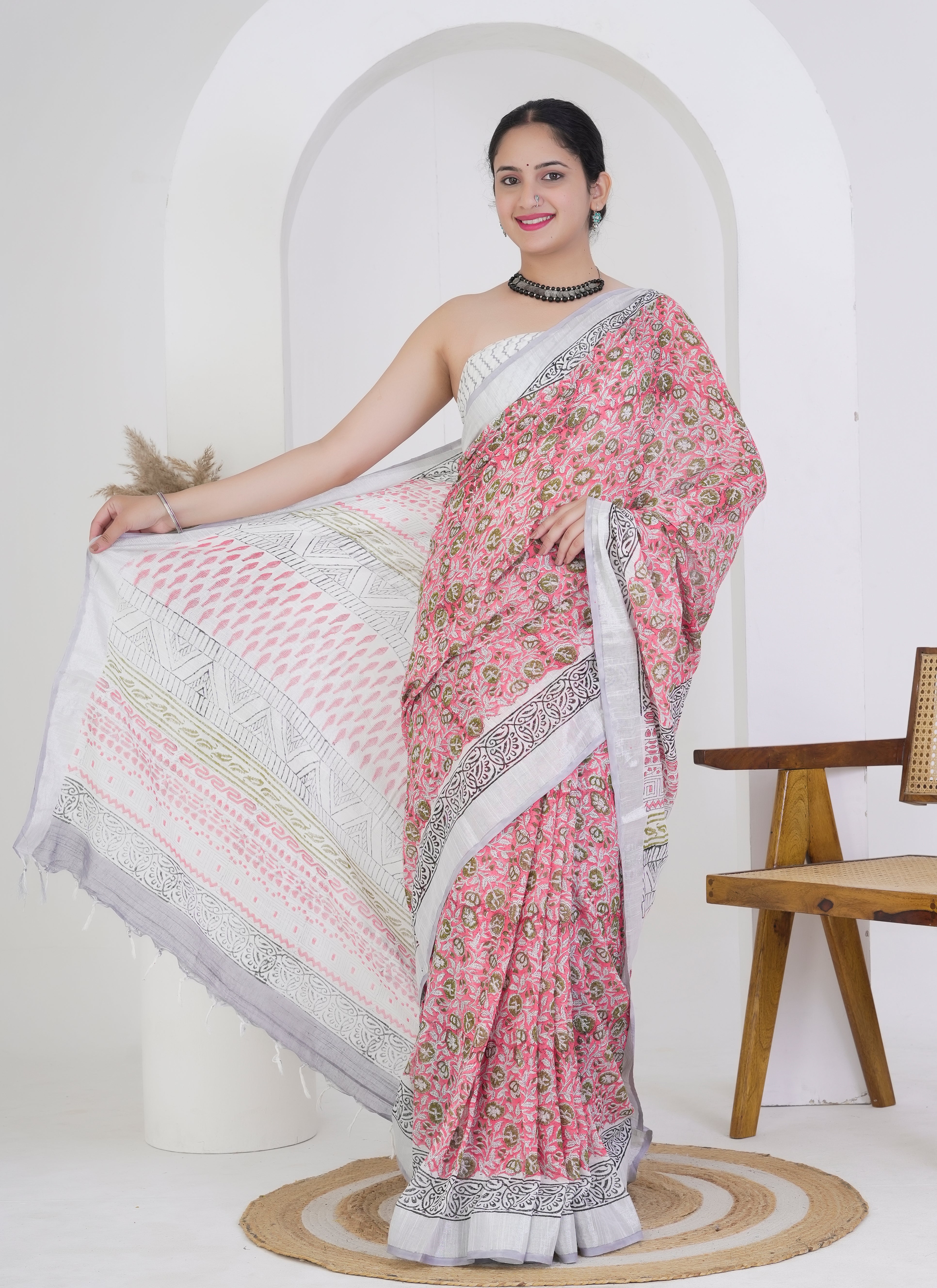 Rose Pink and White Floral Pure Linen Saree