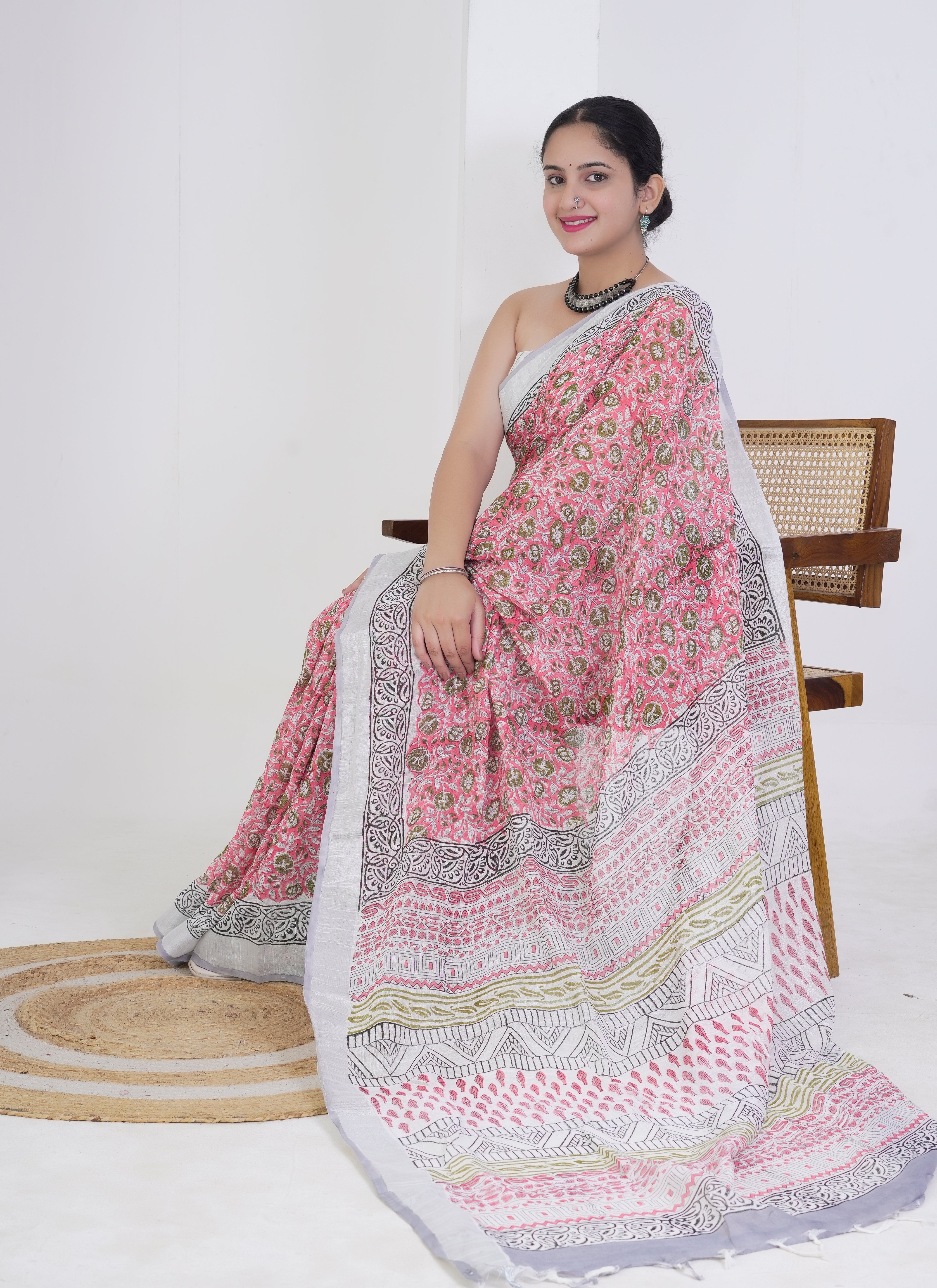 Rose Pink and White Floral Pure Linen Saree