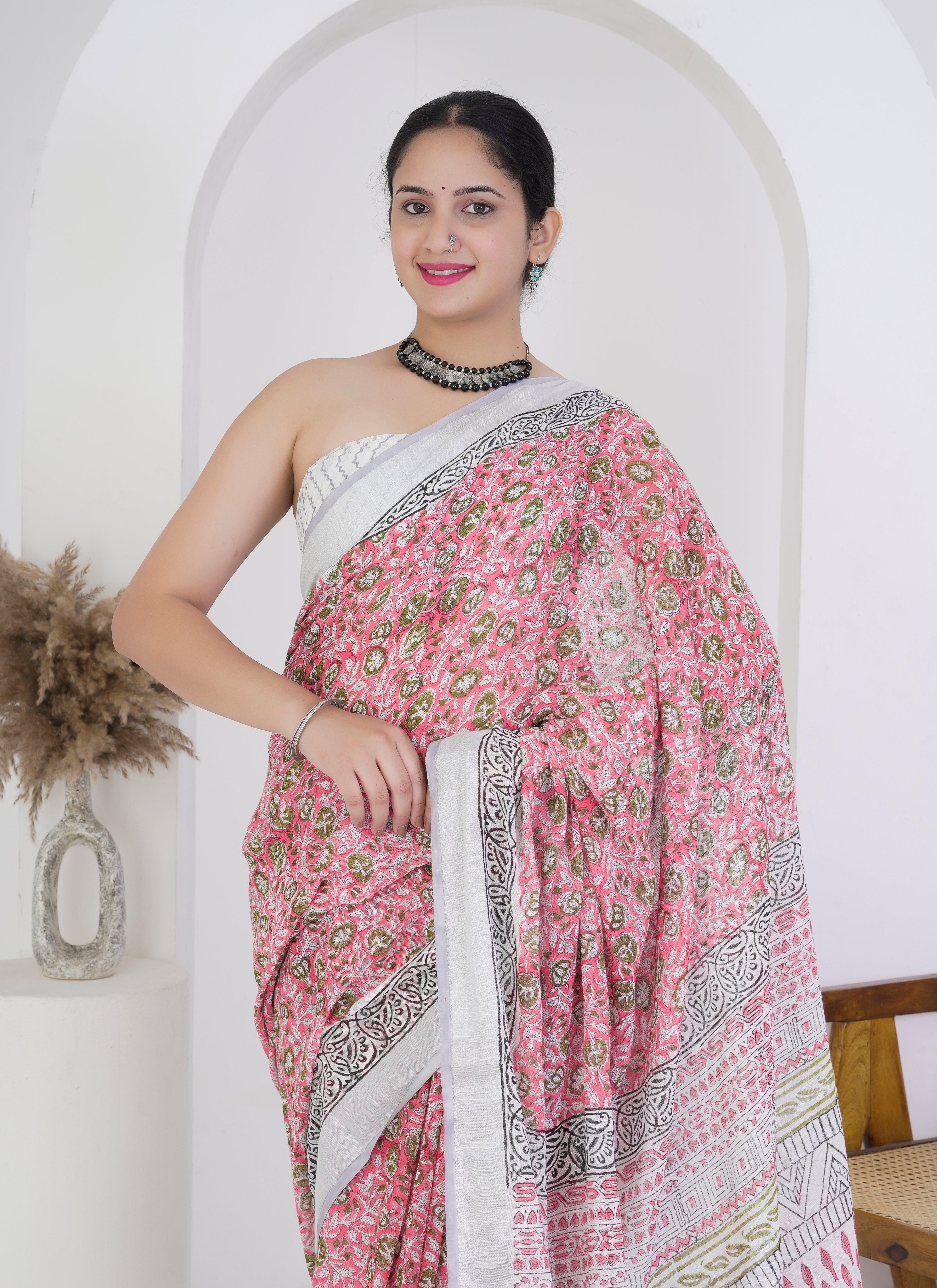 Rose Pink and White Floral Pure Linen Saree