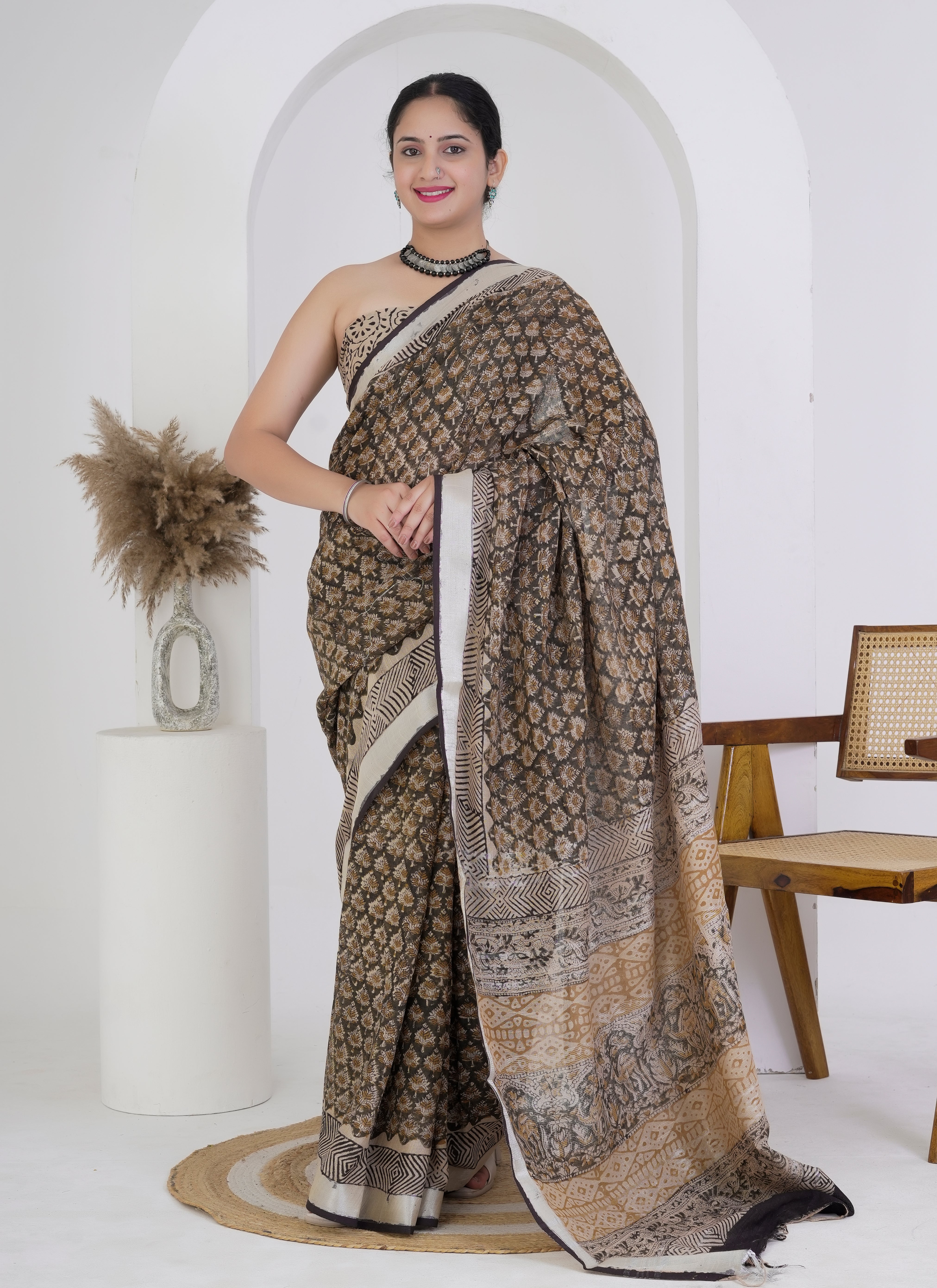 Walnut Brown and Beige Pure Linen Saree