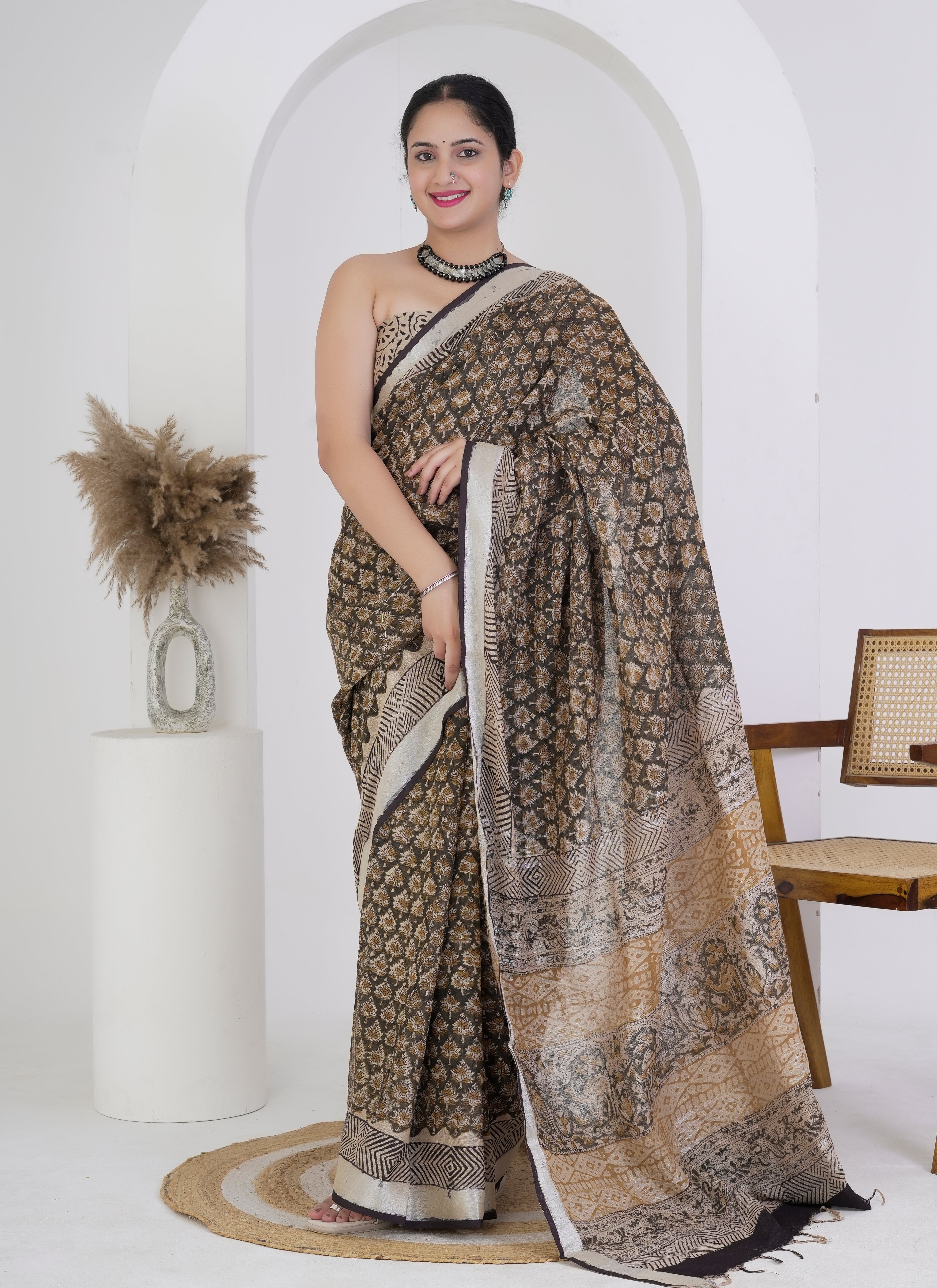 Walnut Brown and Beige Pure Linen Saree