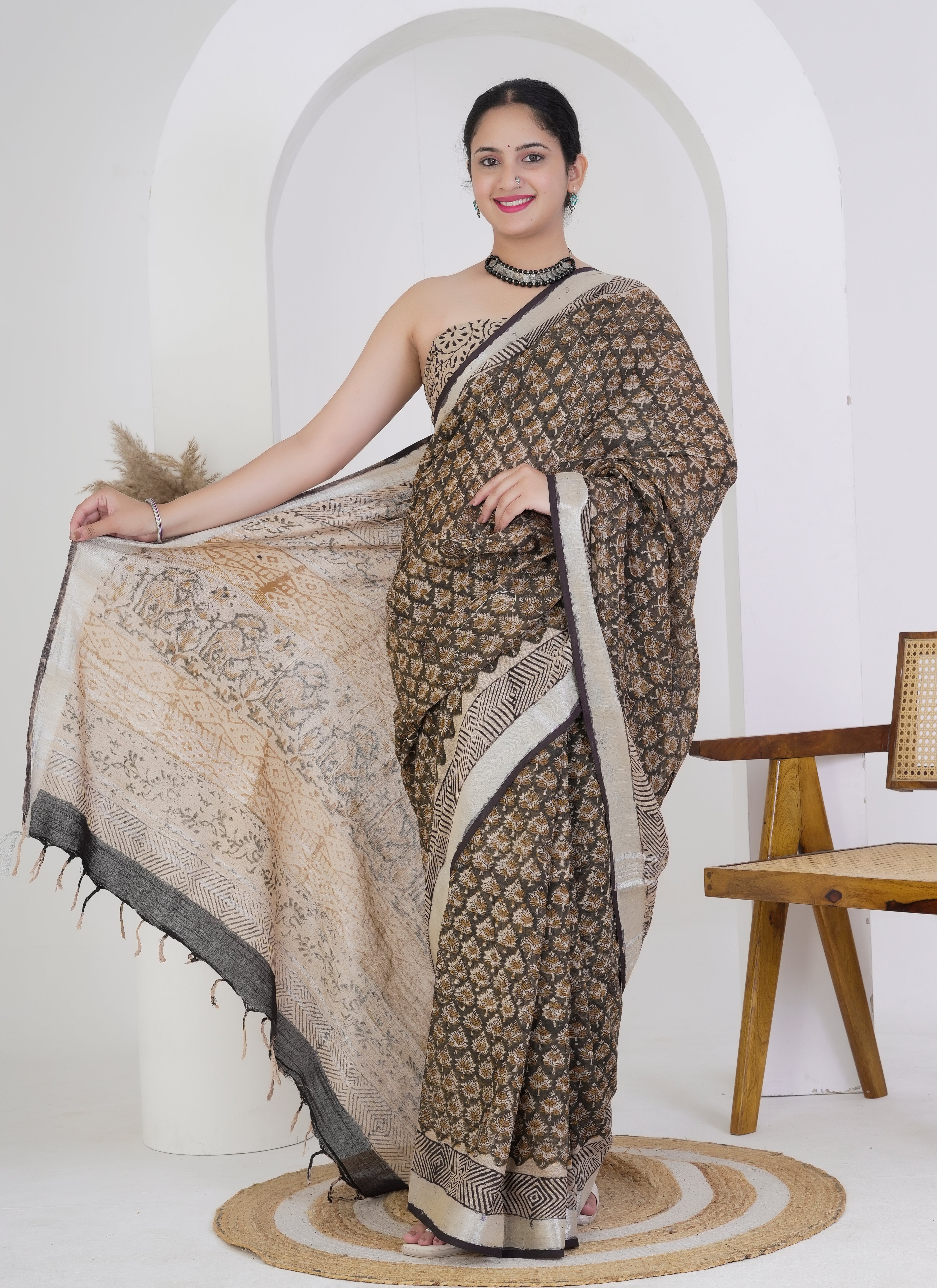 Walnut Brown and Beige Pure Linen Saree
