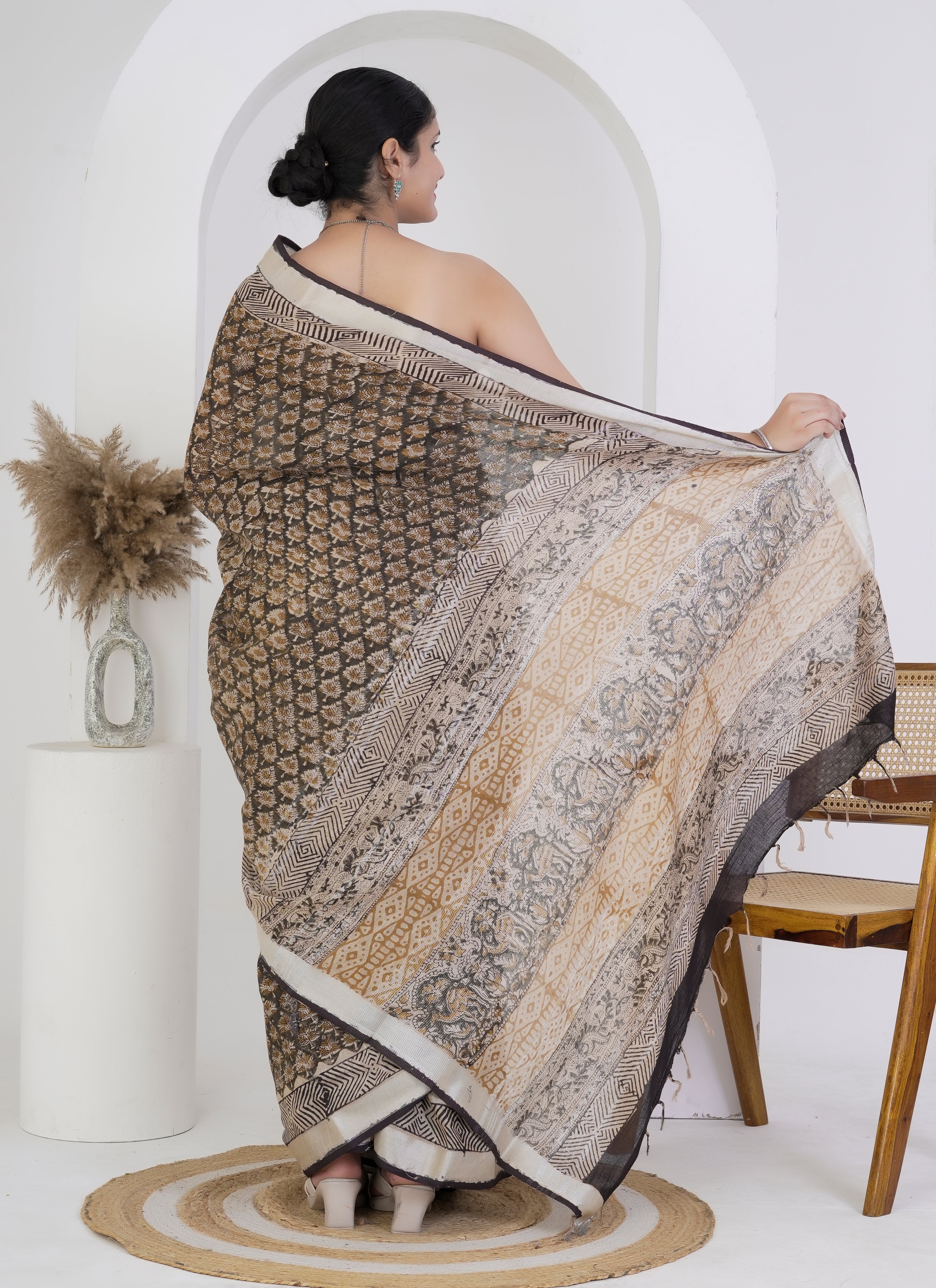 Walnut Brown and Beige Pure Linen Saree