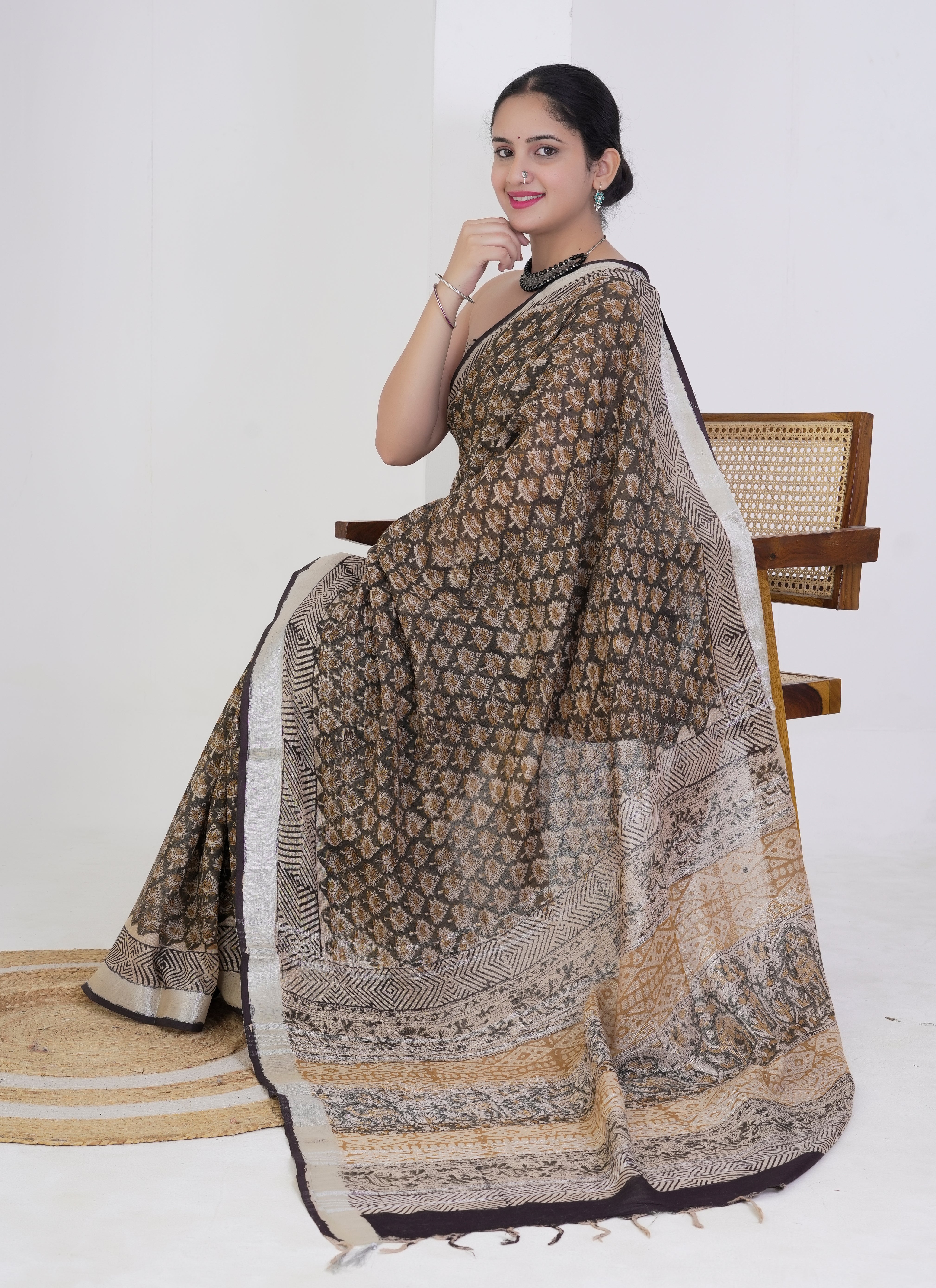 Walnut Brown and Beige Pure Linen Saree