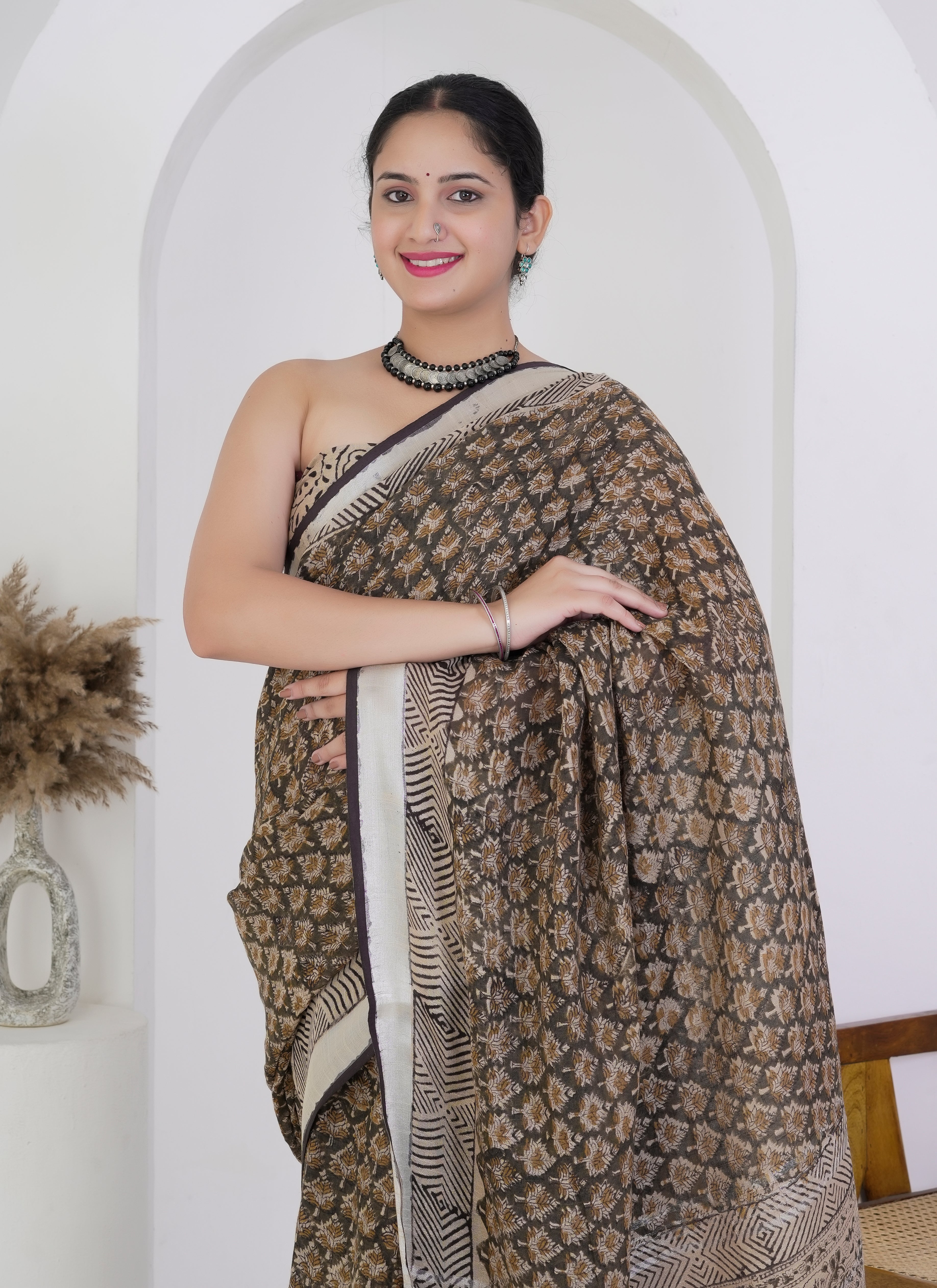 Walnut Brown and Beige Pure Linen Saree