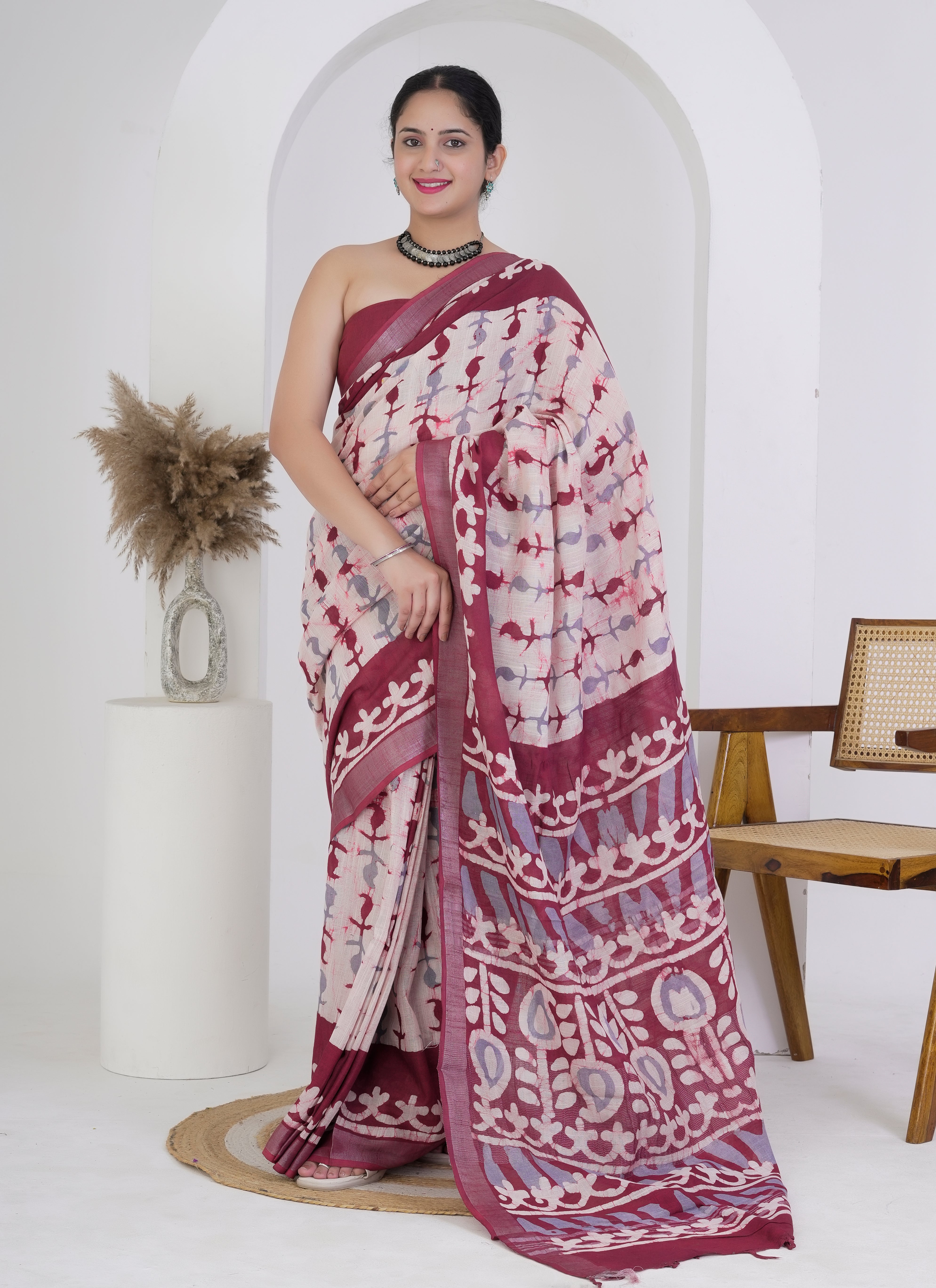 Cream and Maroon Pure Linen Saree