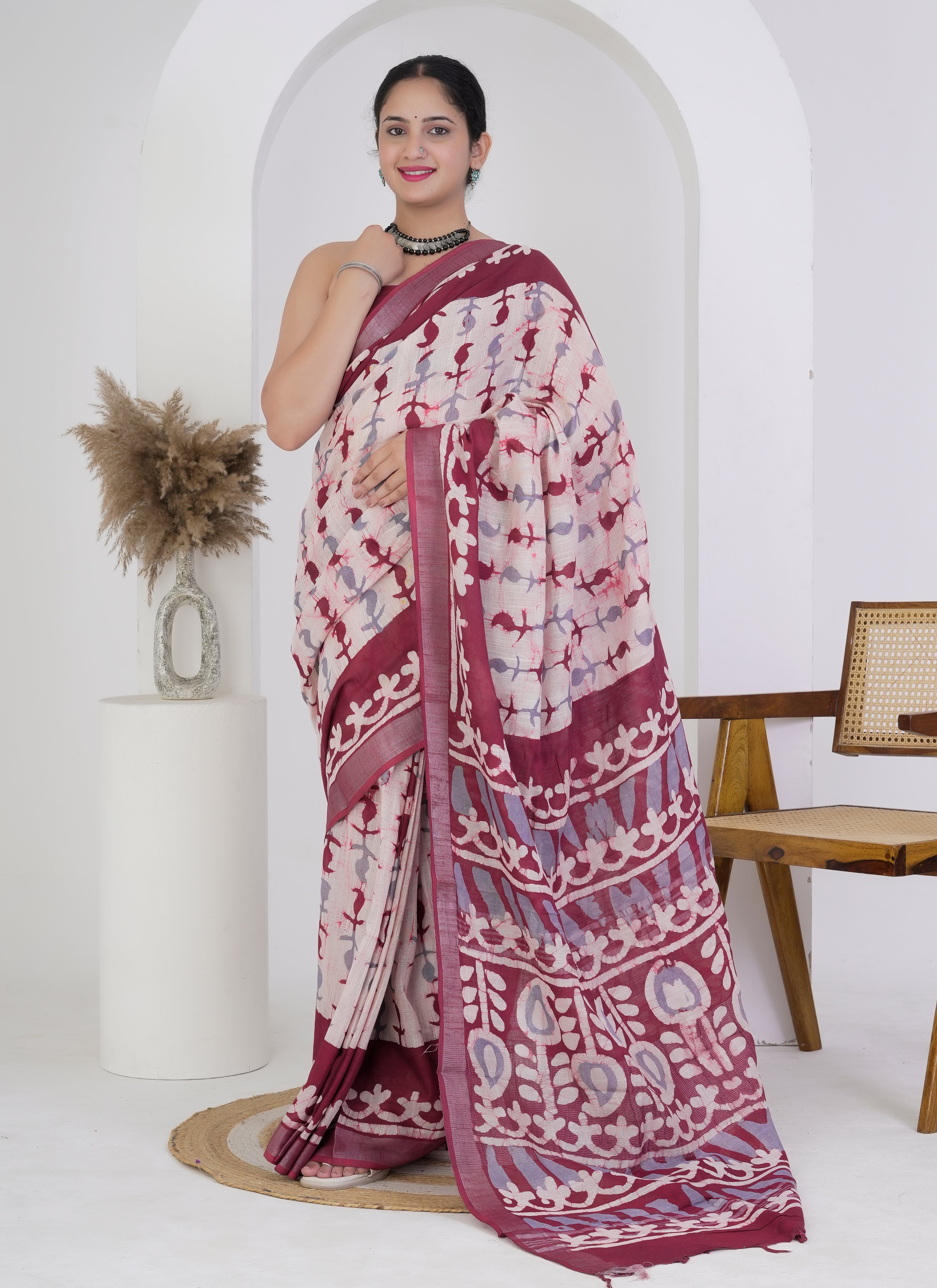 Cream and Maroon Pure Linen Saree