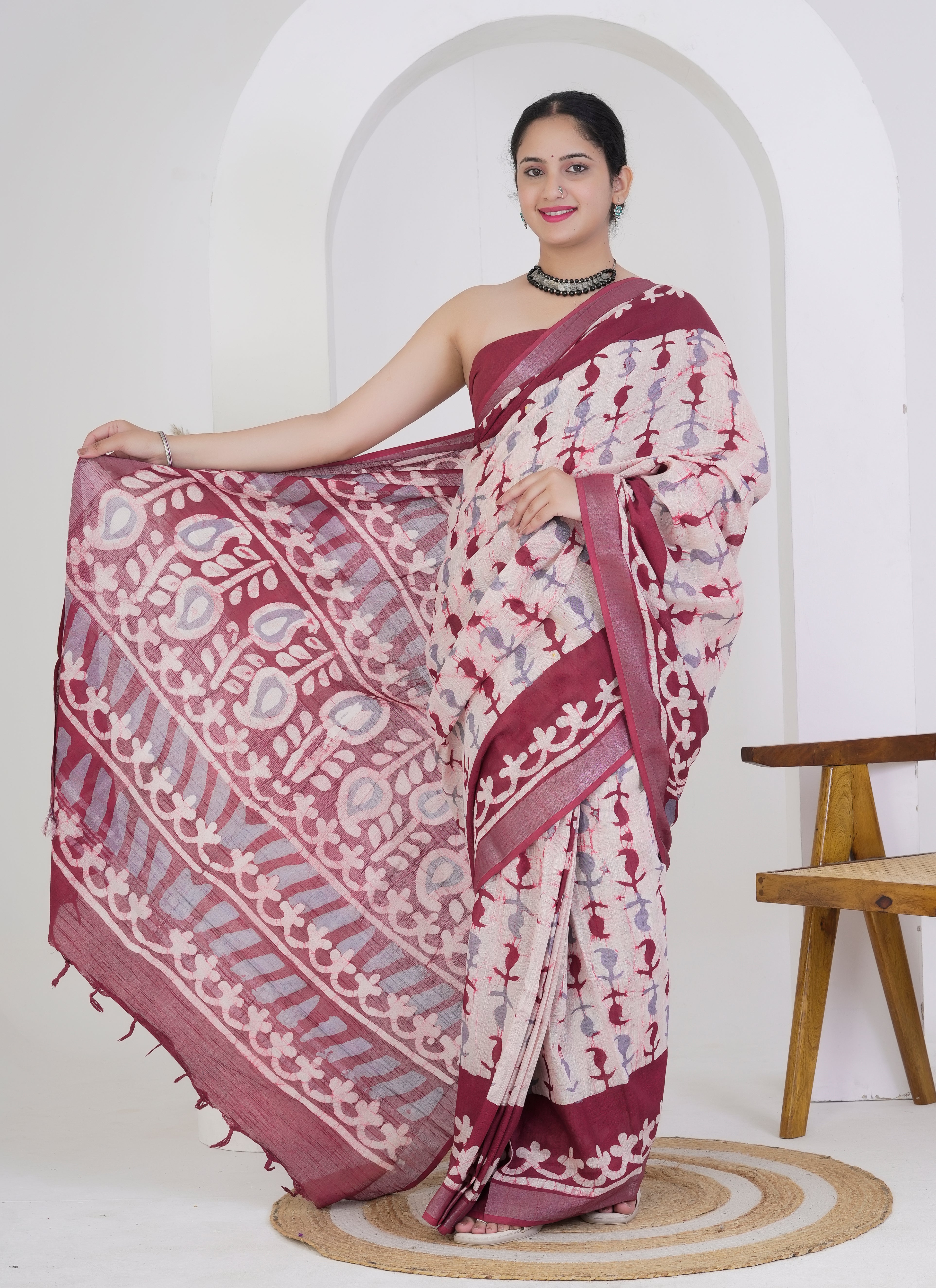 Cream and Maroon Pure Linen Saree