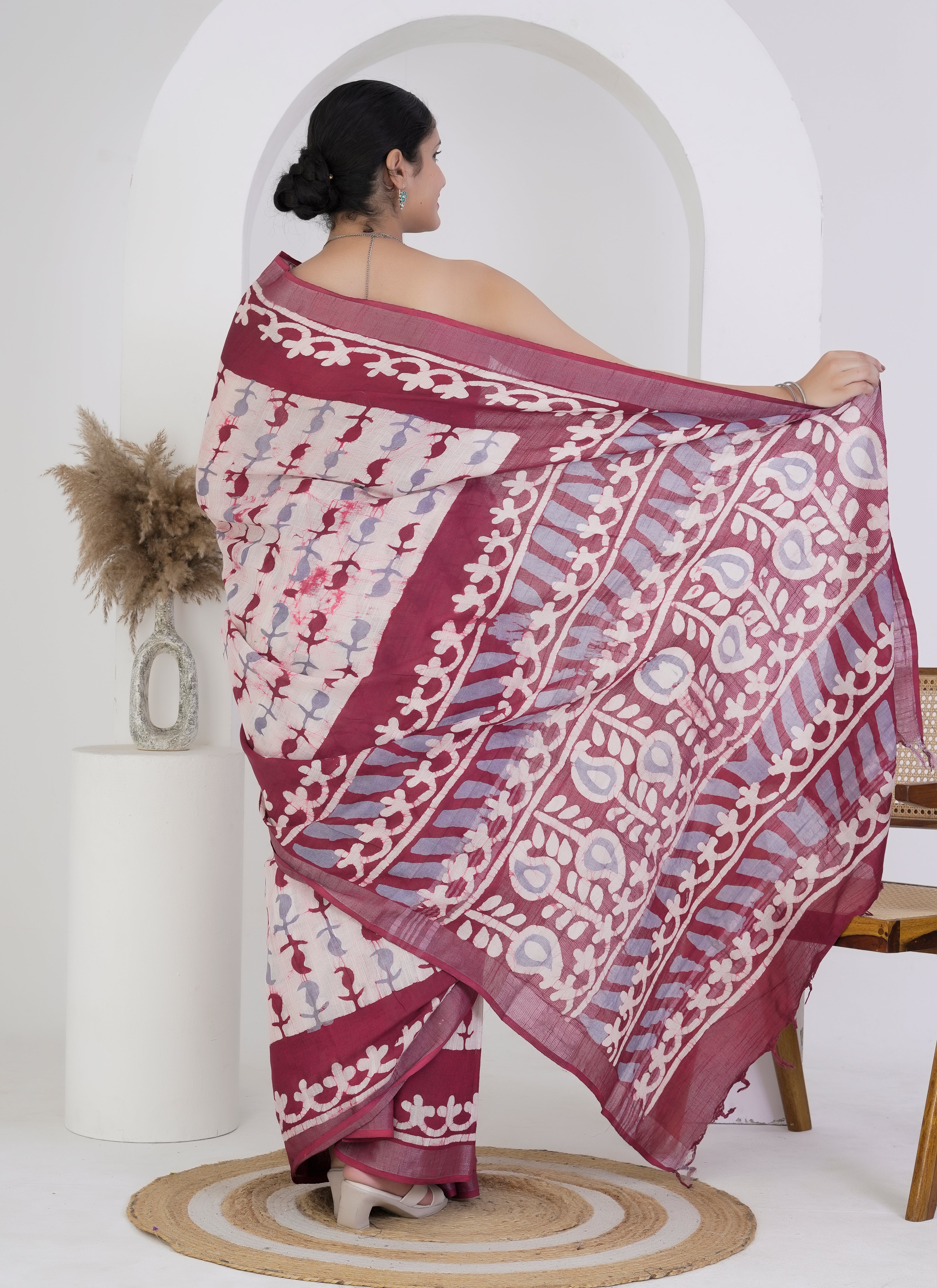 Cream and Maroon Pure Linen Saree