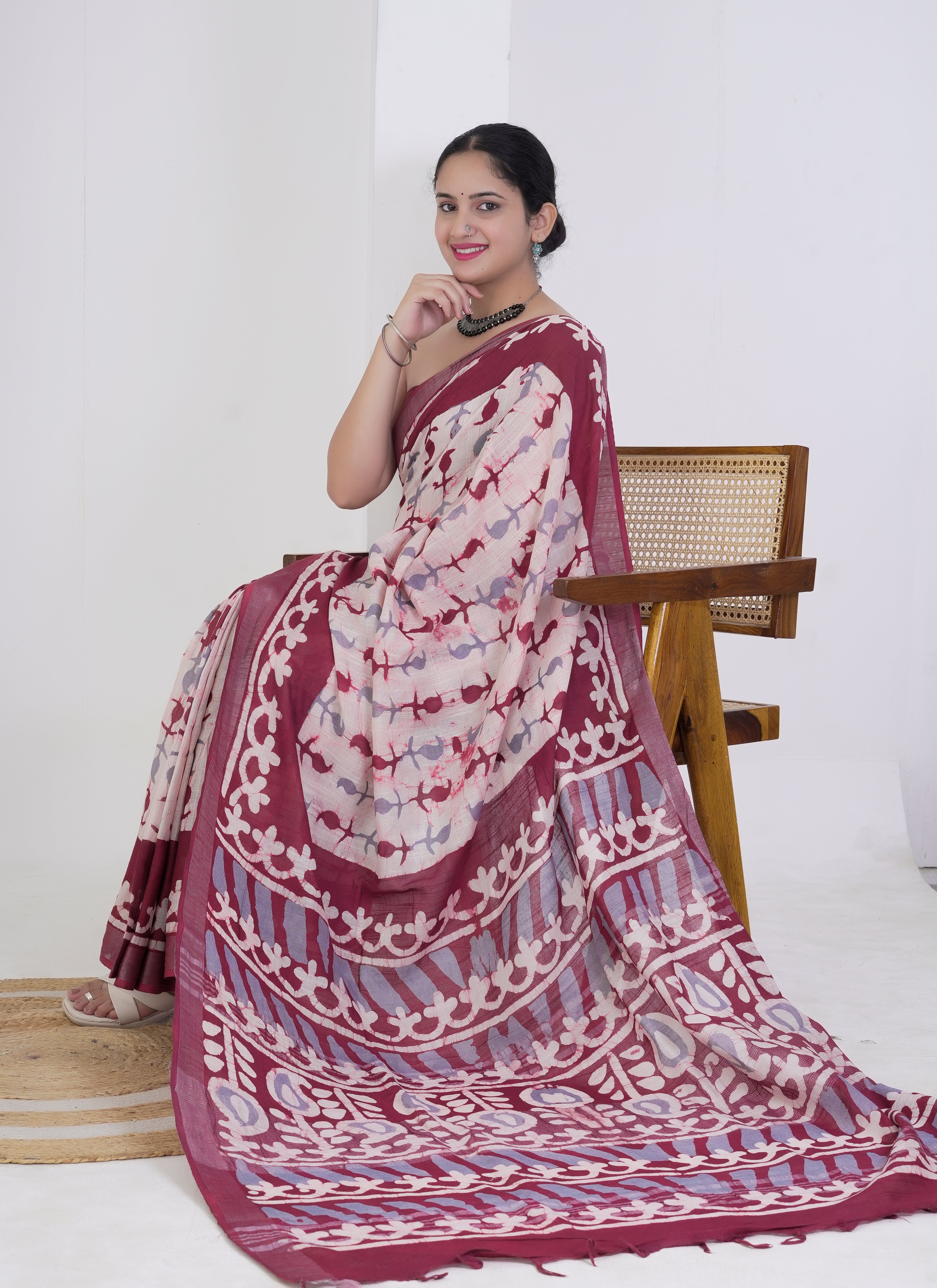 Cream and Maroon Pure Linen Saree