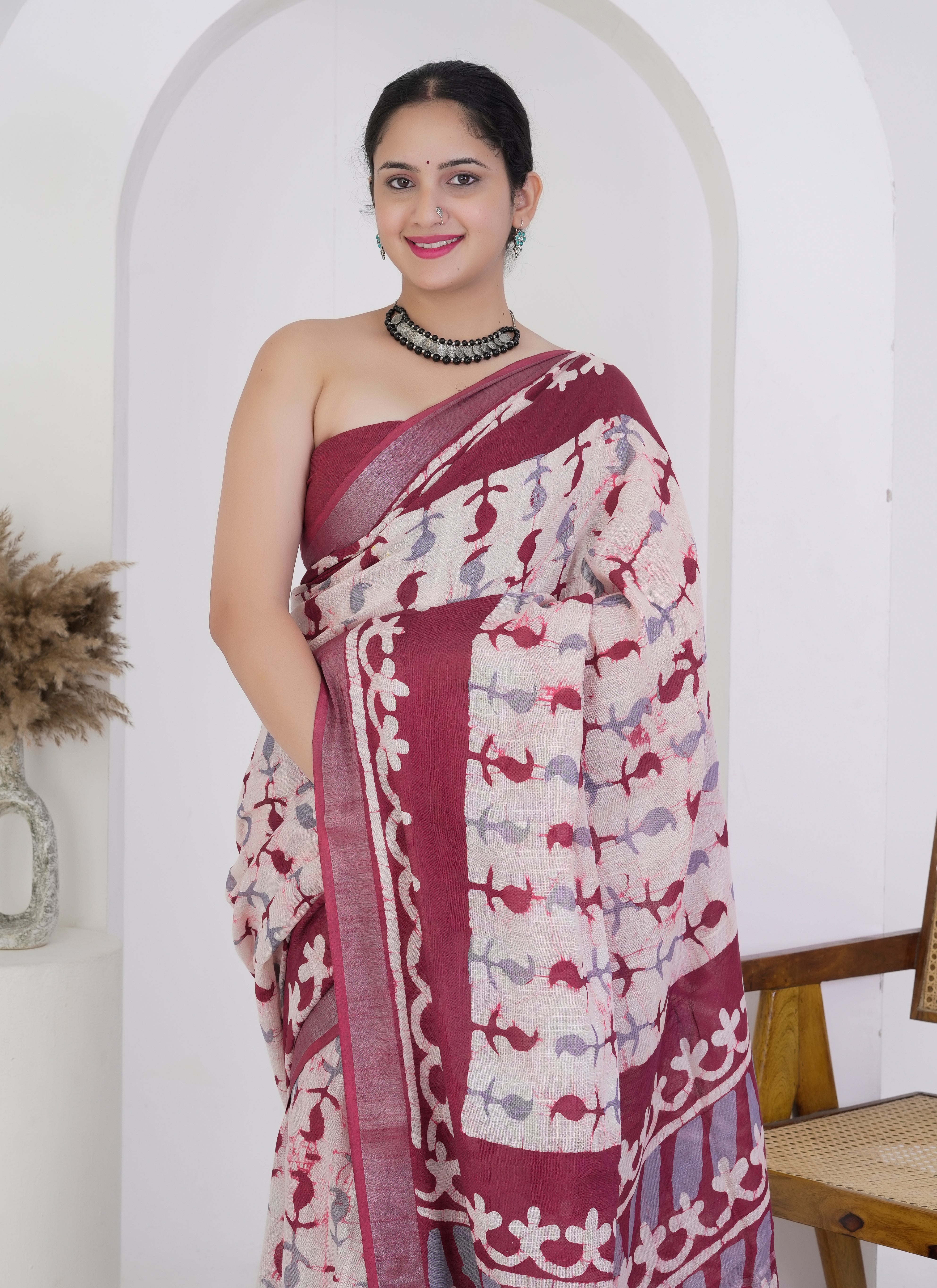 Cream and Maroon Pure Linen Saree