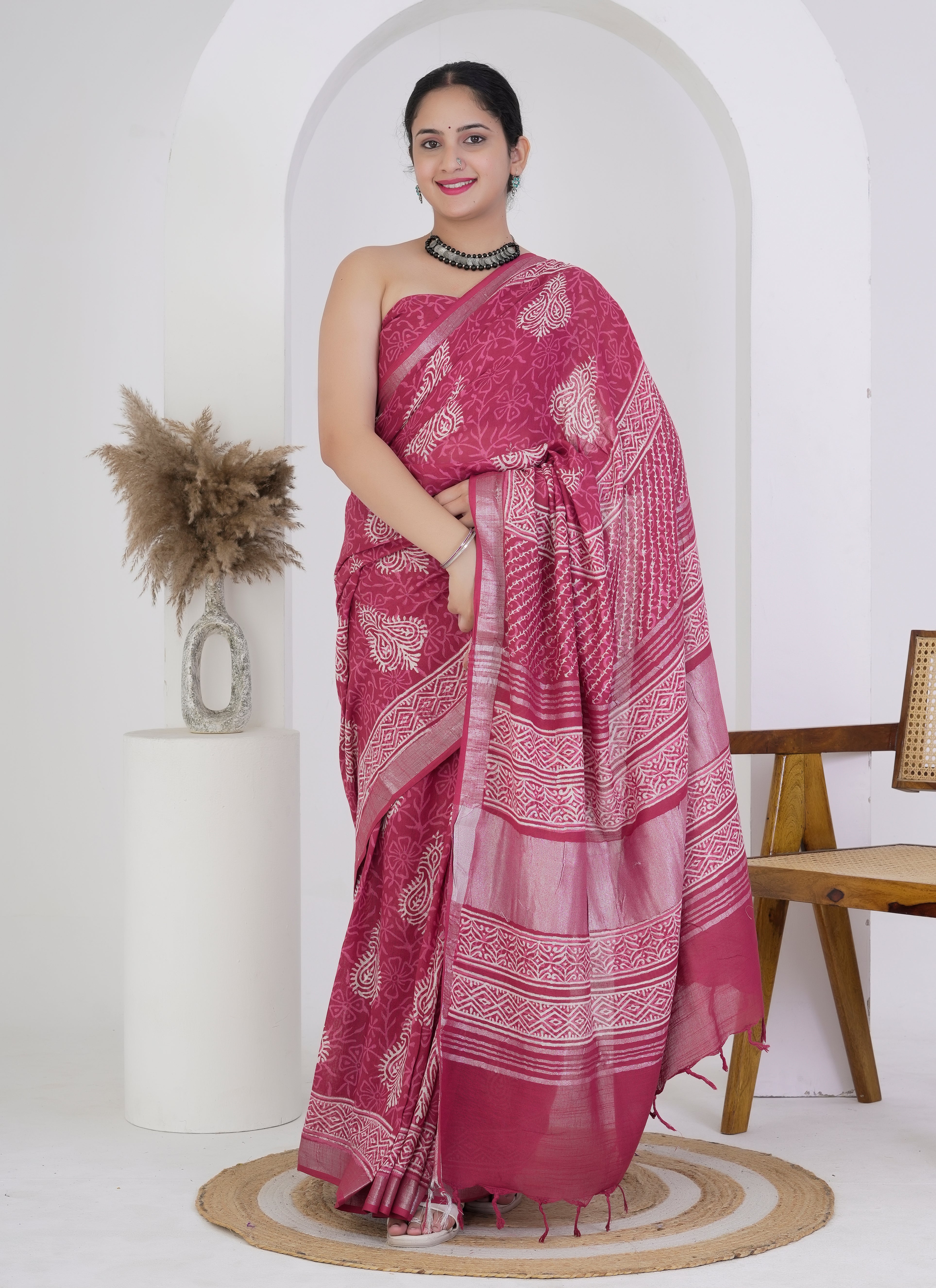 Rani Pink Pure Linen Saree