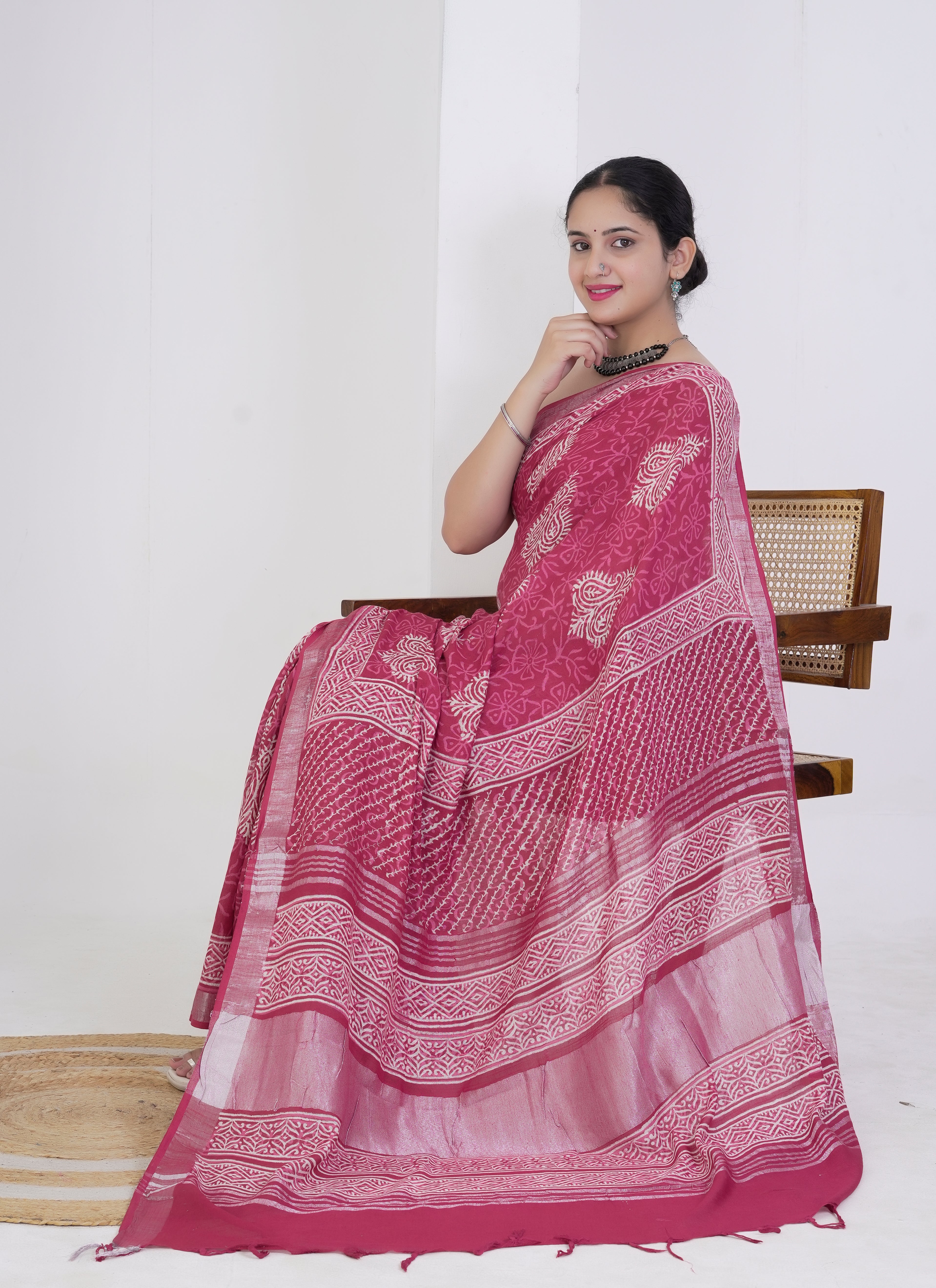 Rani Pink Pure Linen Saree