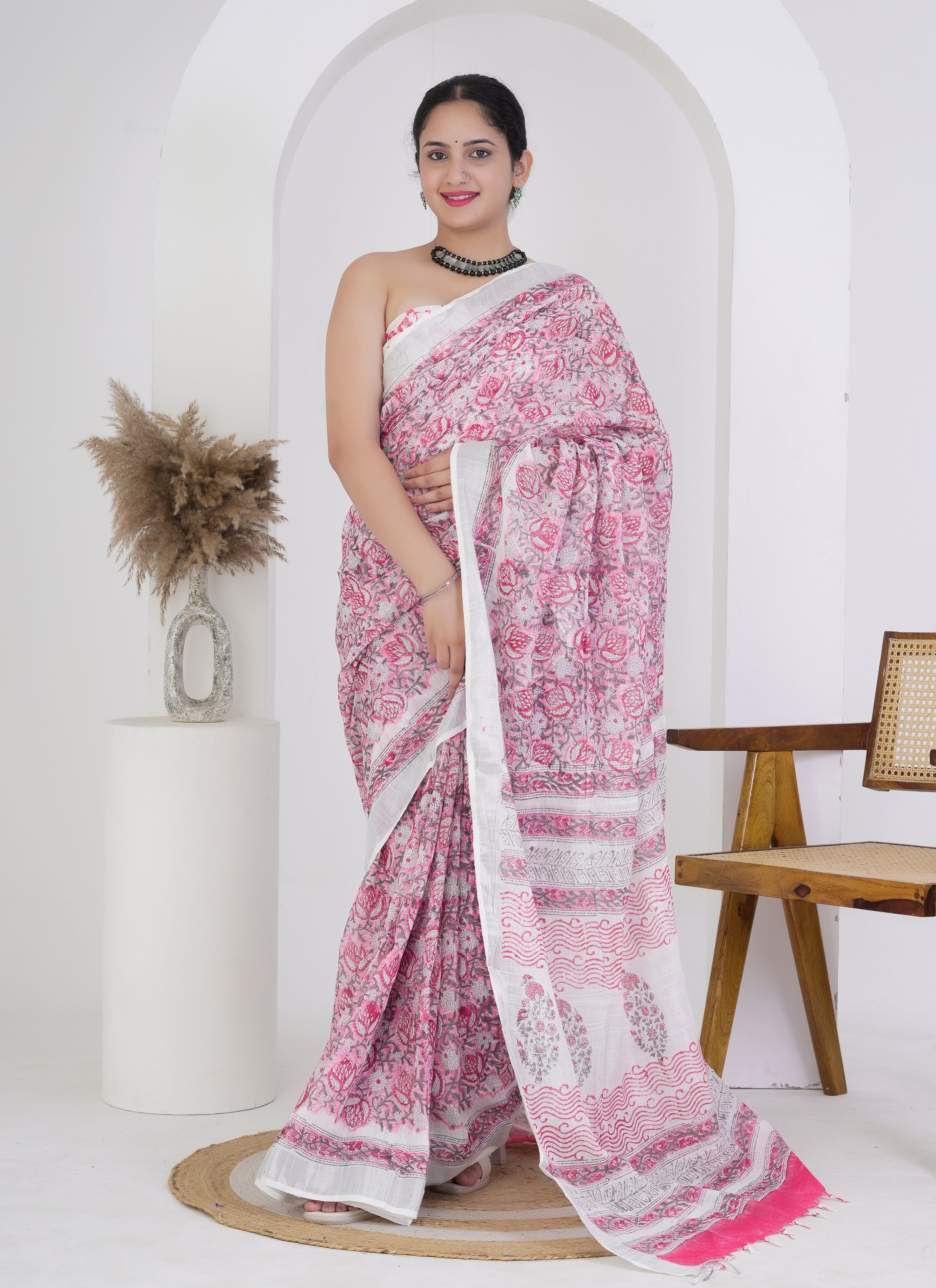 Rose Pink Pure Linen Saree