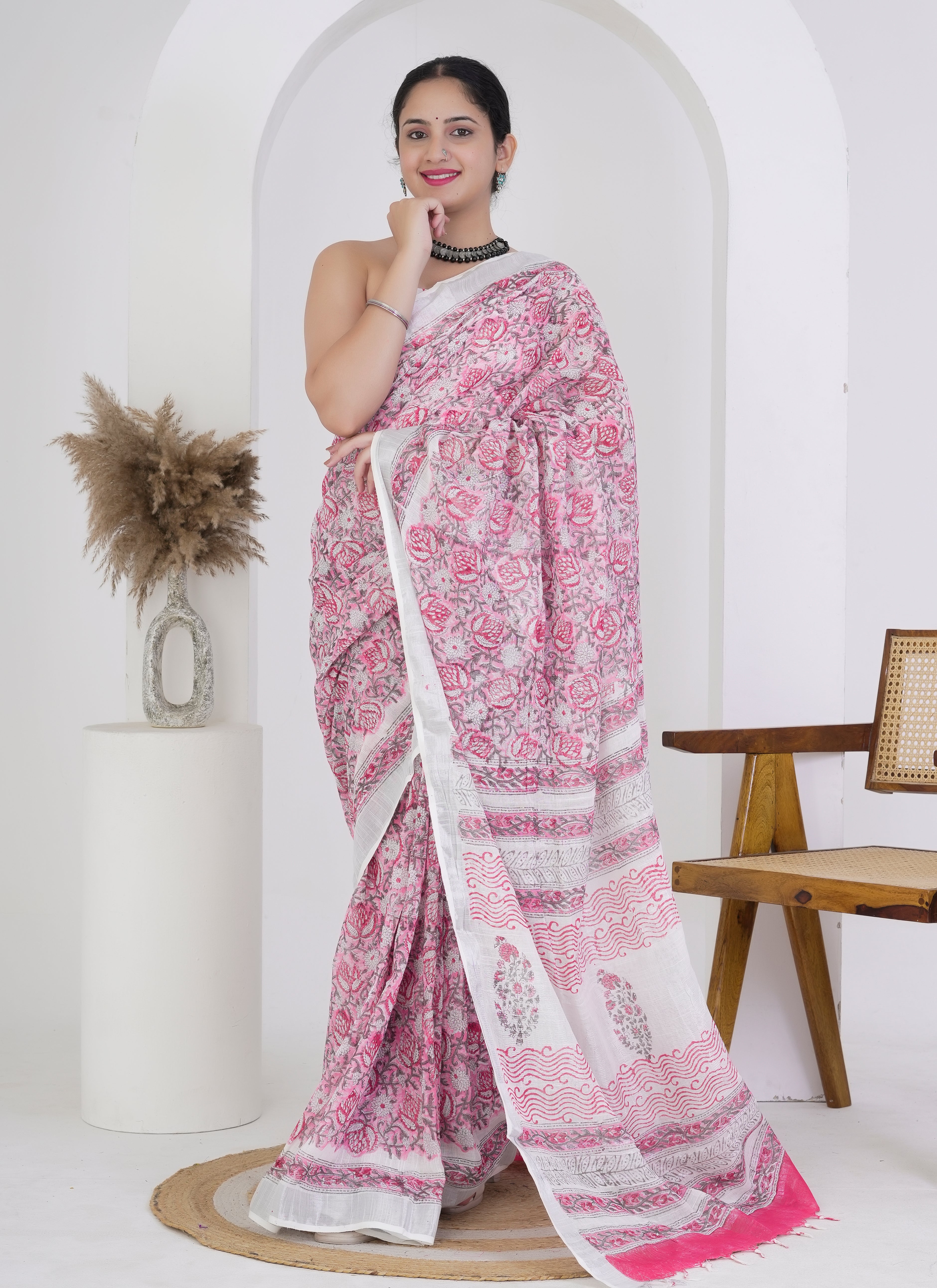Rose Pink Pure Linen Saree