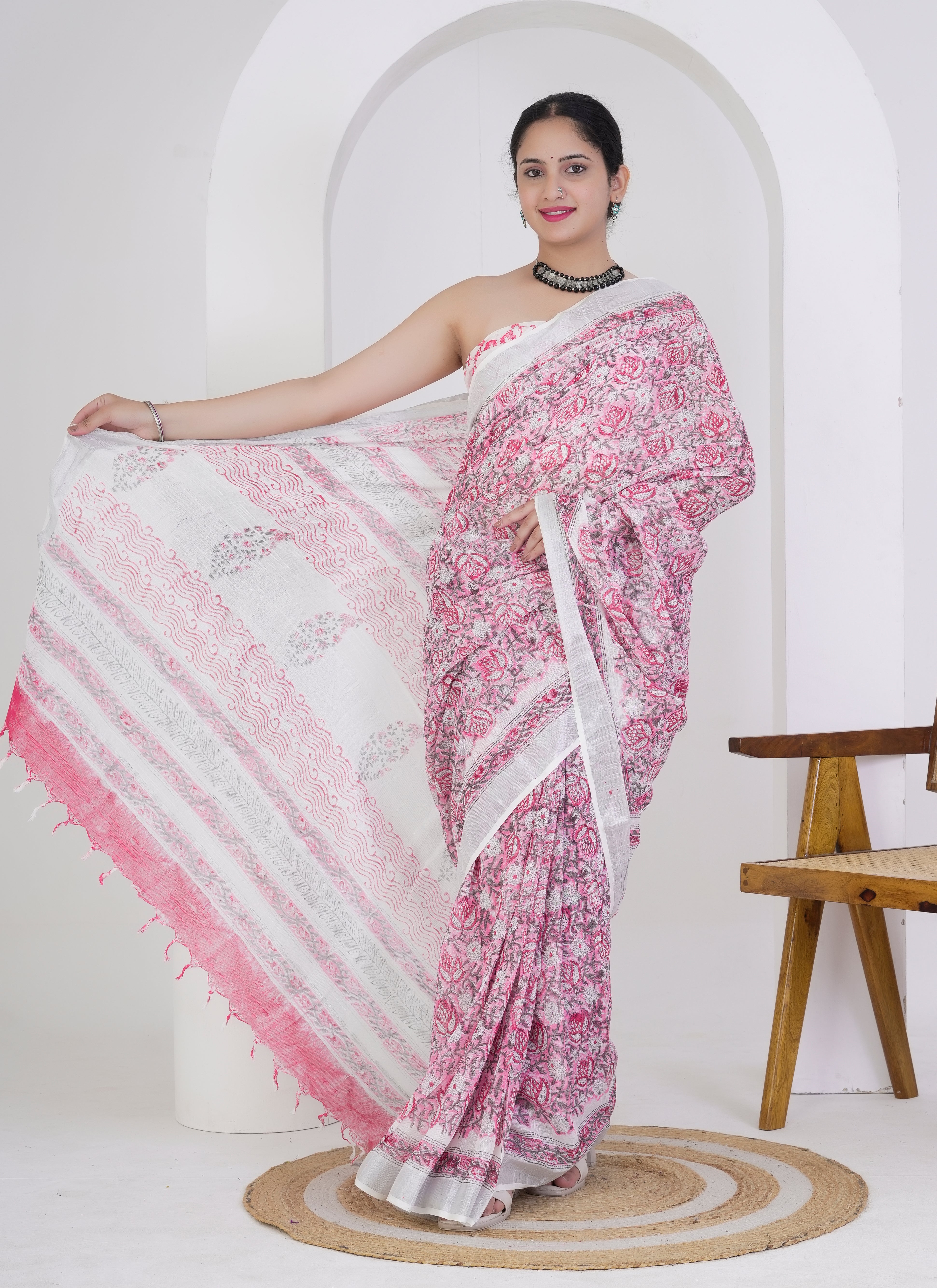 Rose Pink Pure Linen Saree