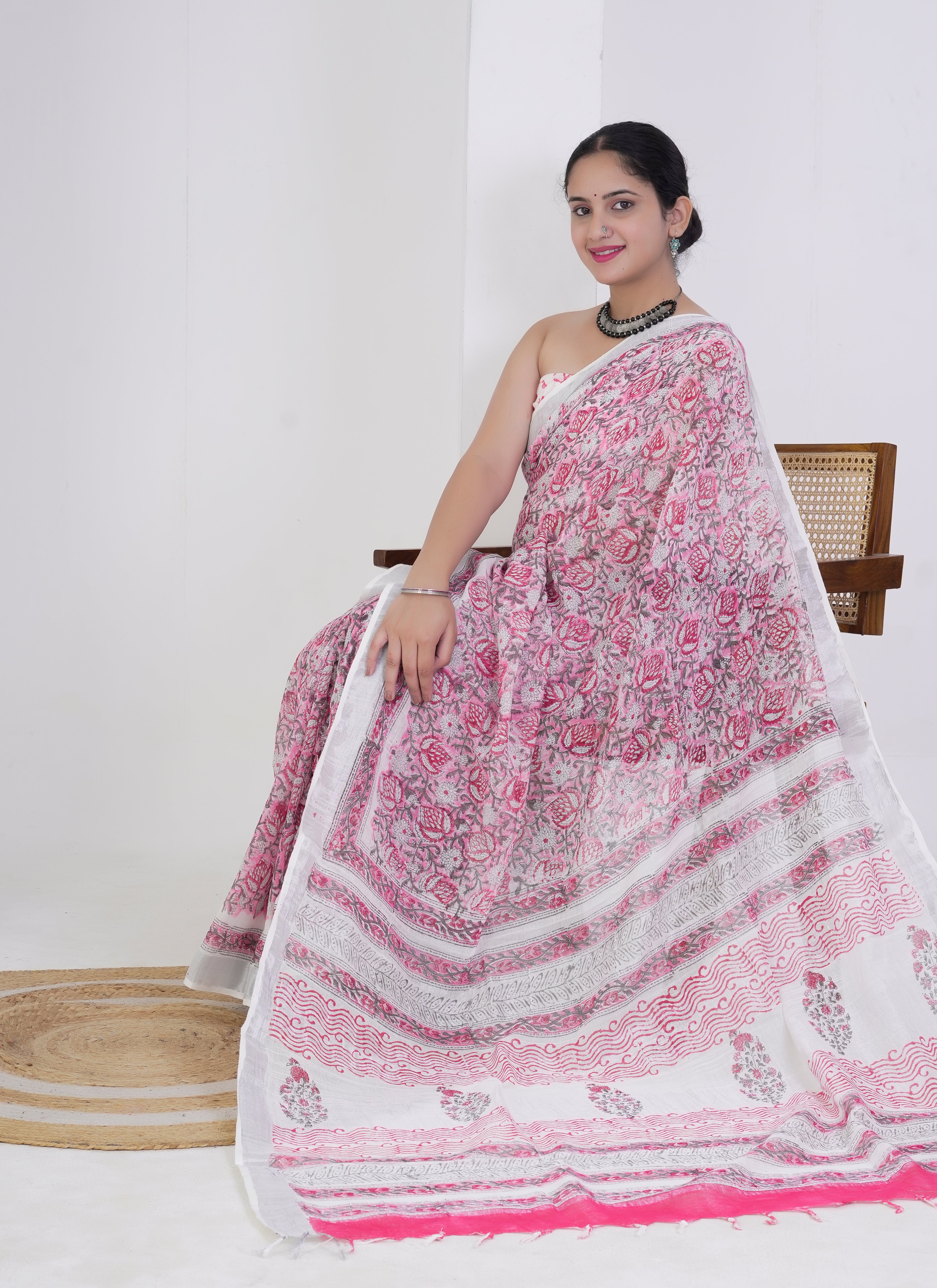 Rose Pink Pure Linen Saree