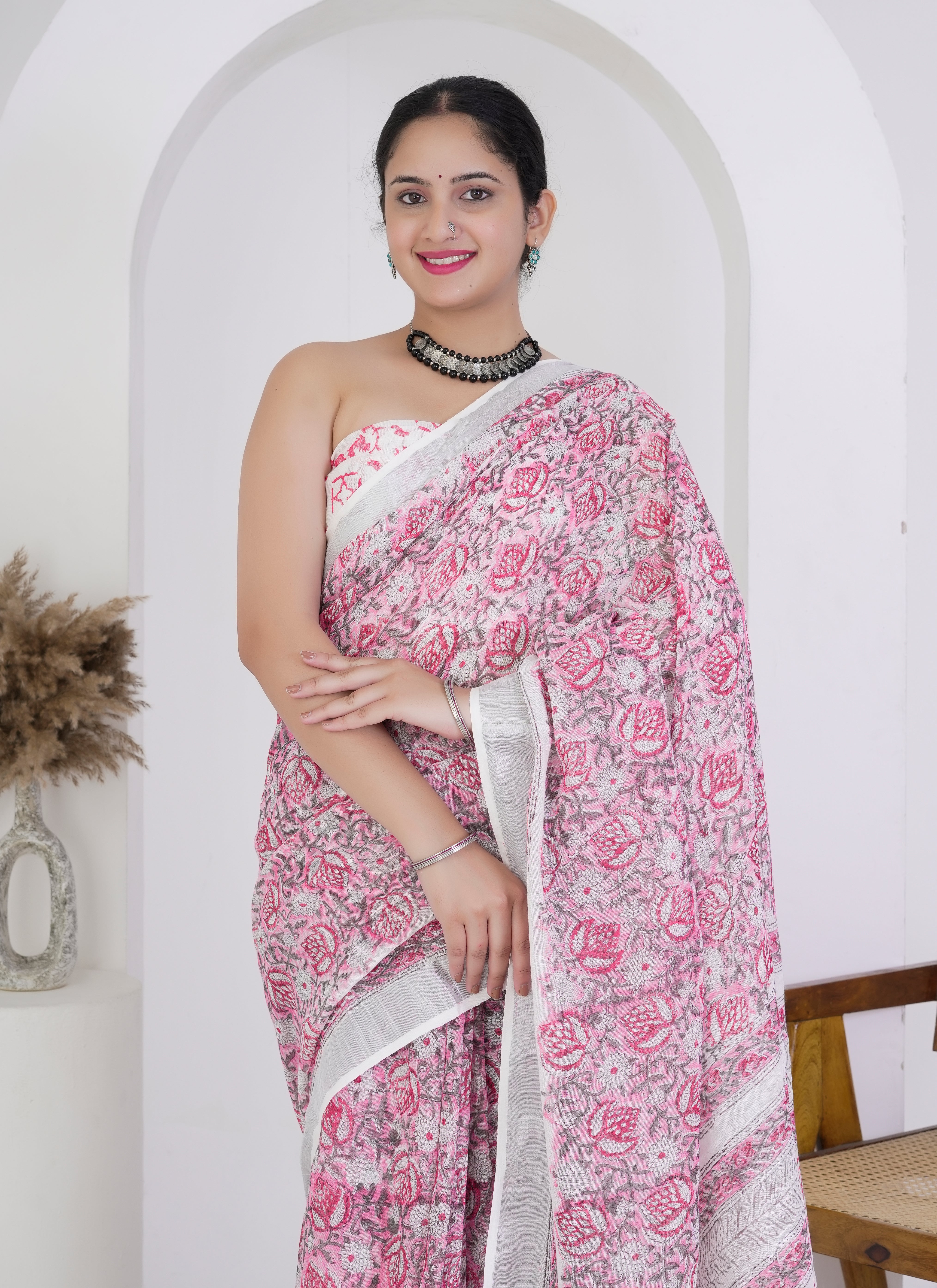 Rose Pink Pure Linen Saree