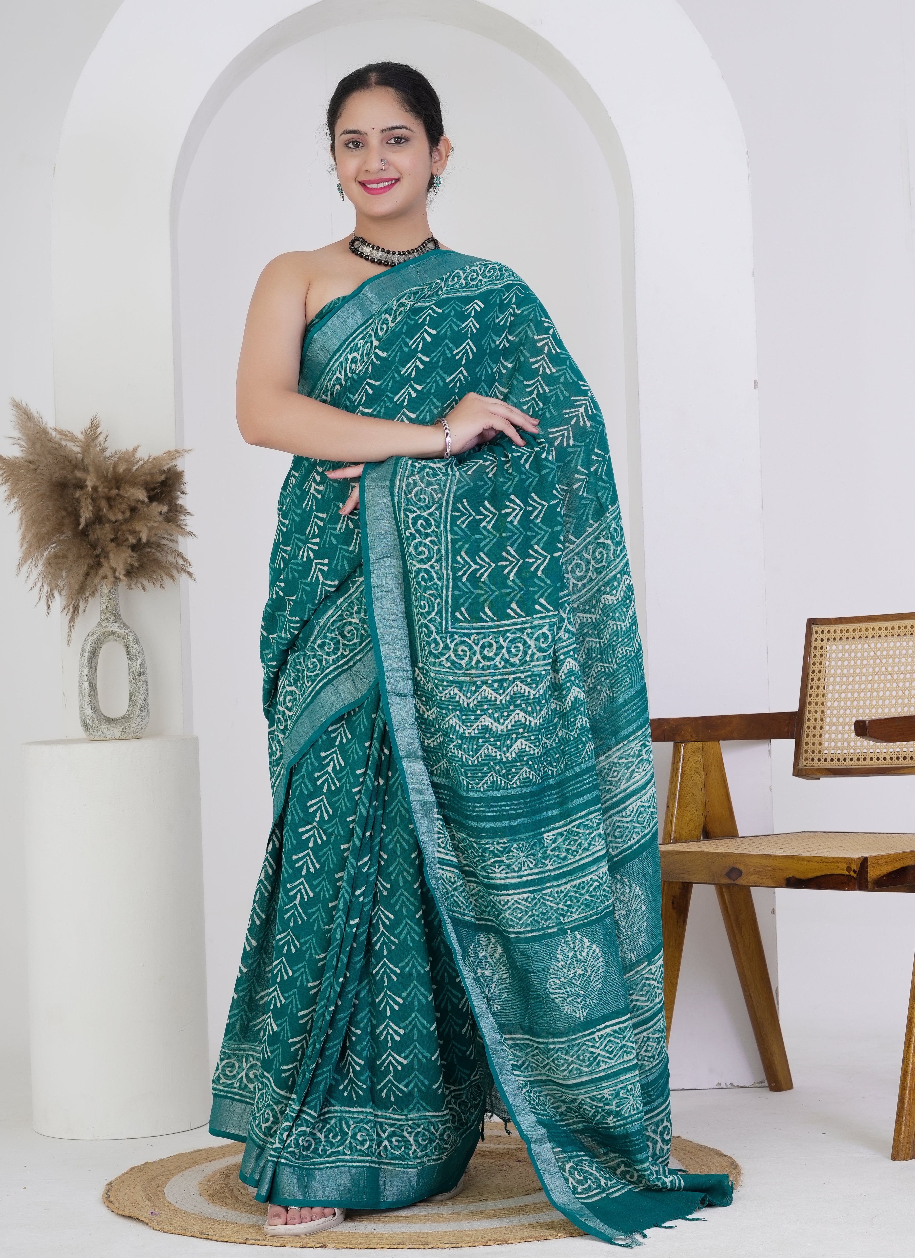 Teal Green Pure Linen Saree
