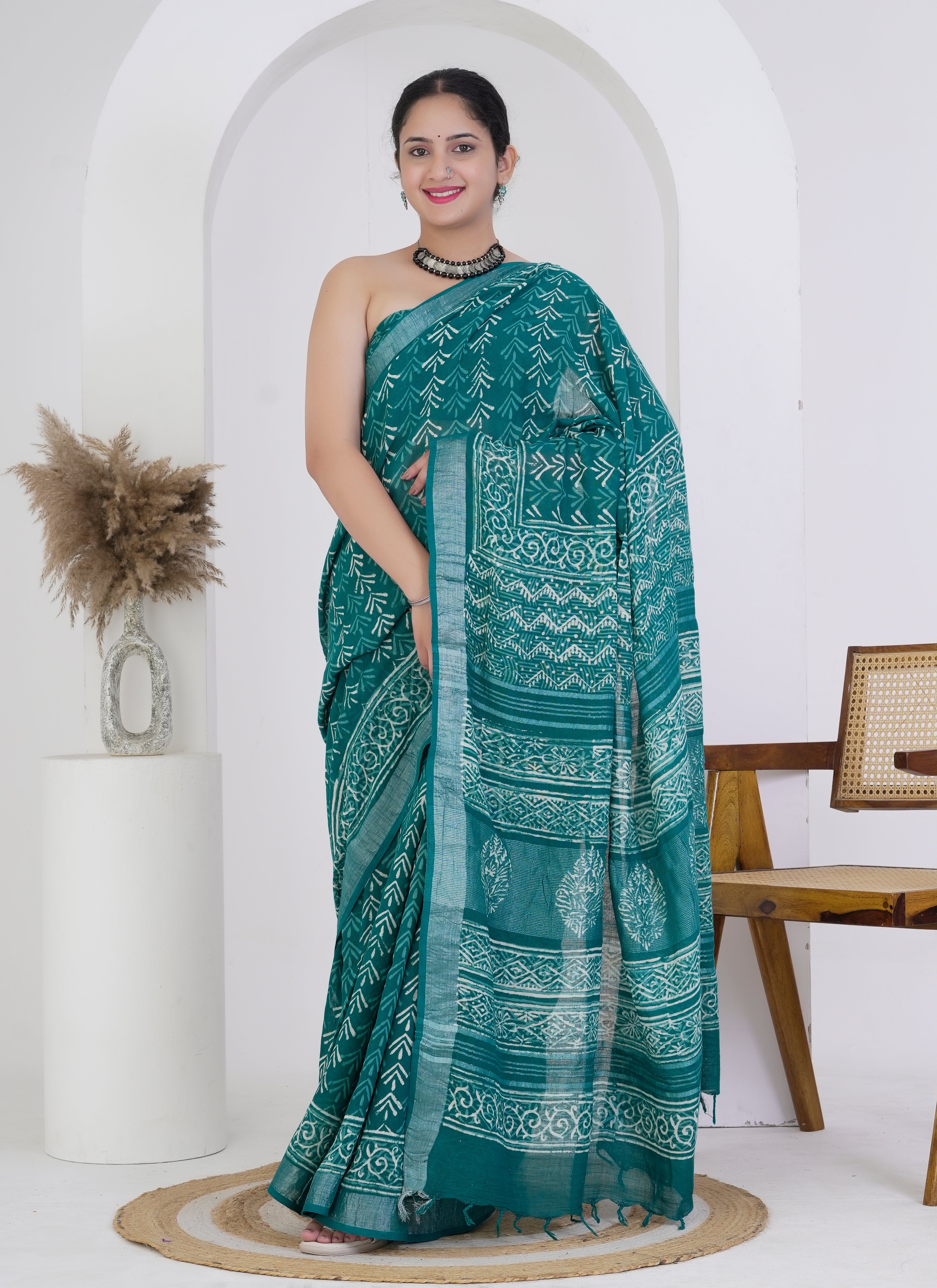Teal Green Pure Linen Saree