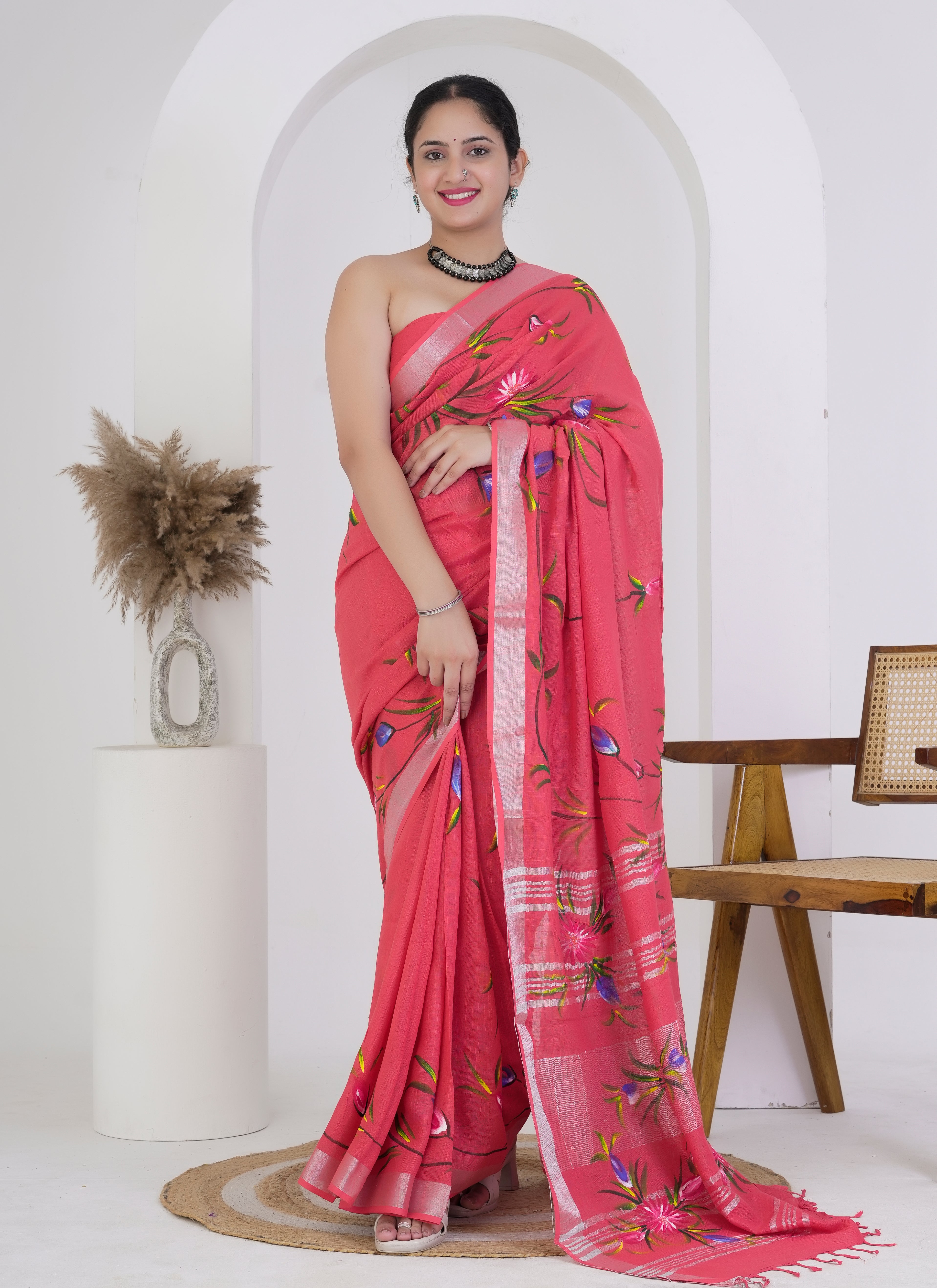 Coral Pink Pure Linen Saree