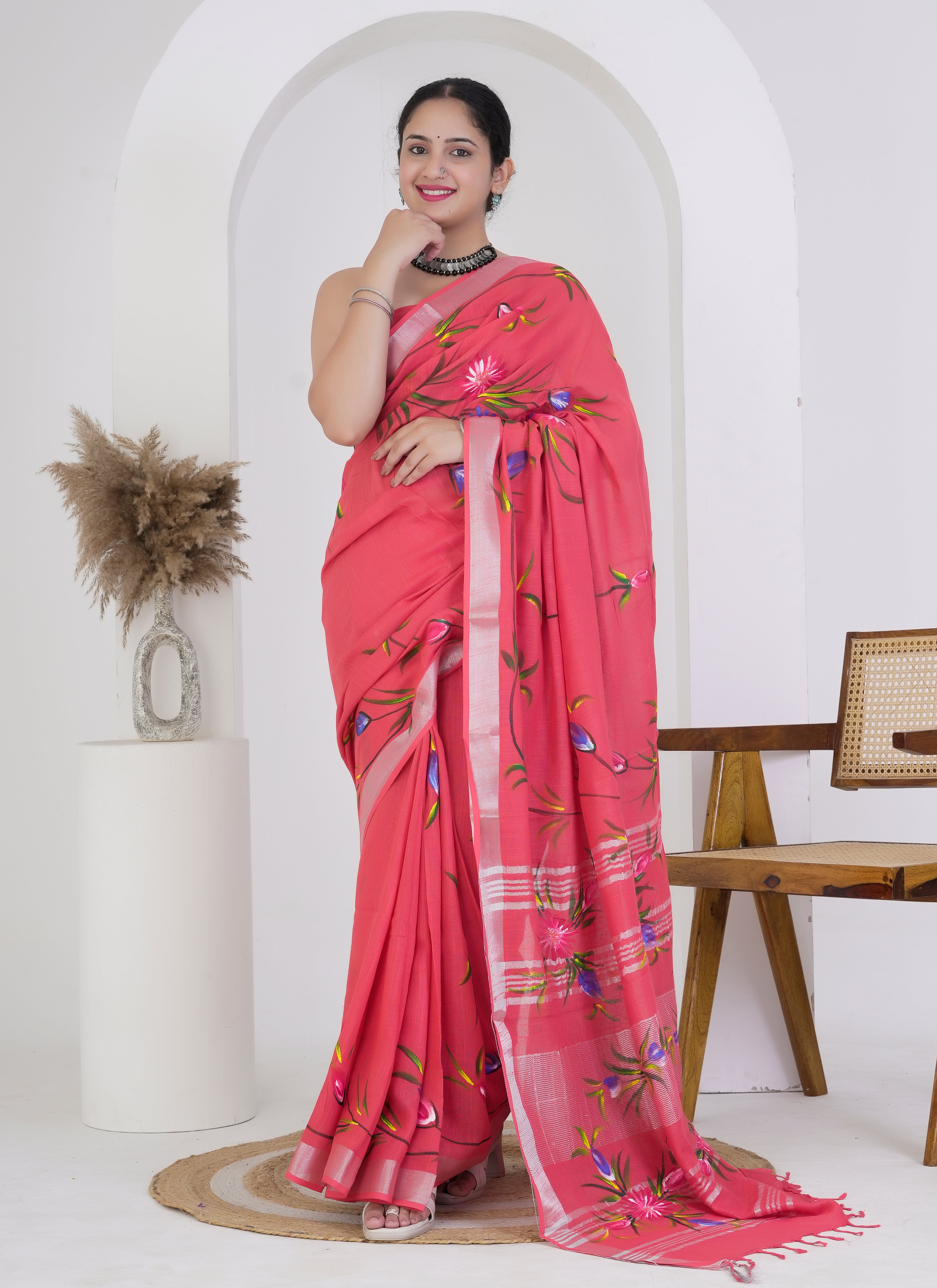 Coral Pink Pure Linen Saree